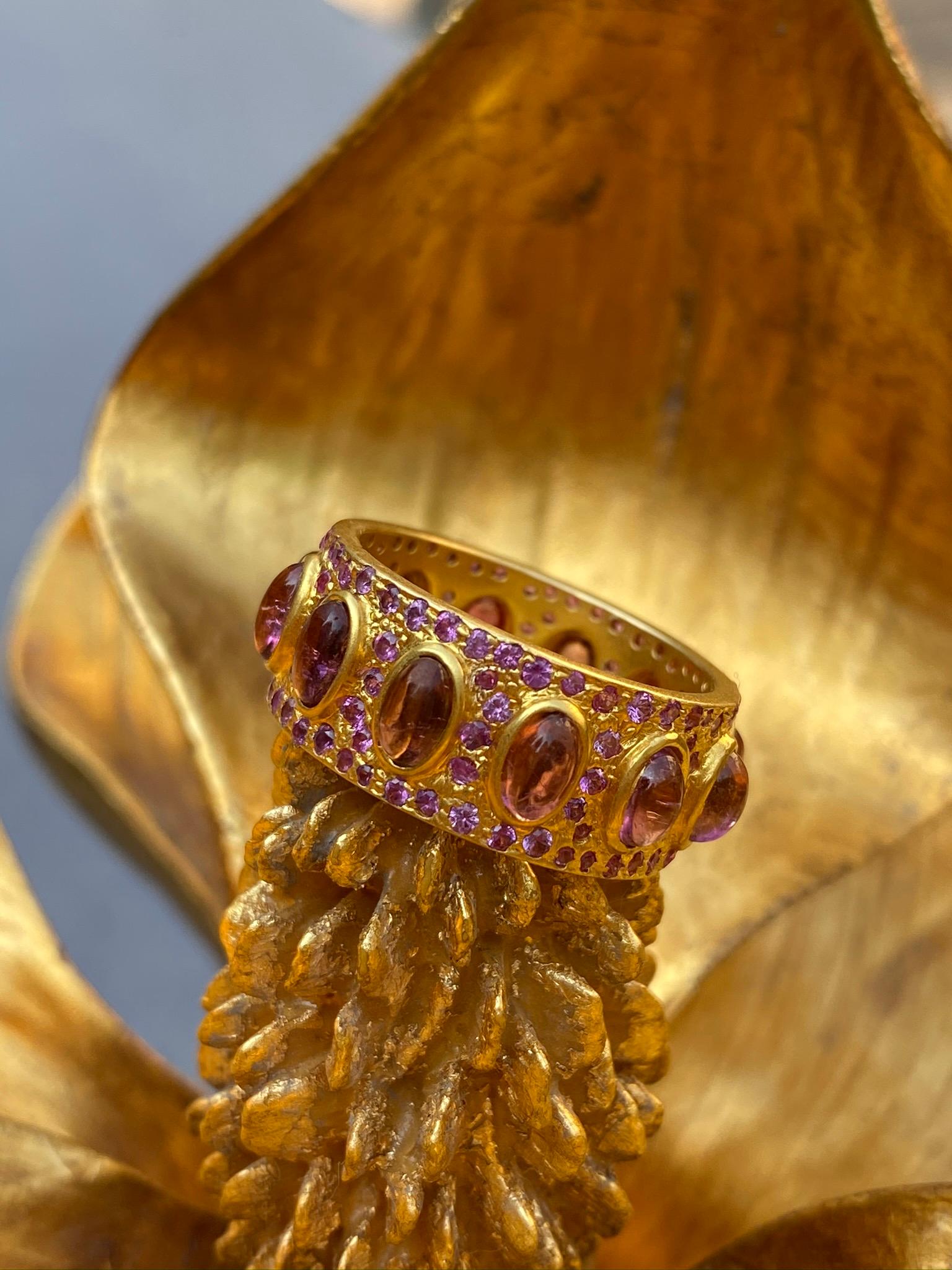 Artisan 4.68 Carat Pink Tourmaline Gold Eternity Ring by Lauren Harper For Sale