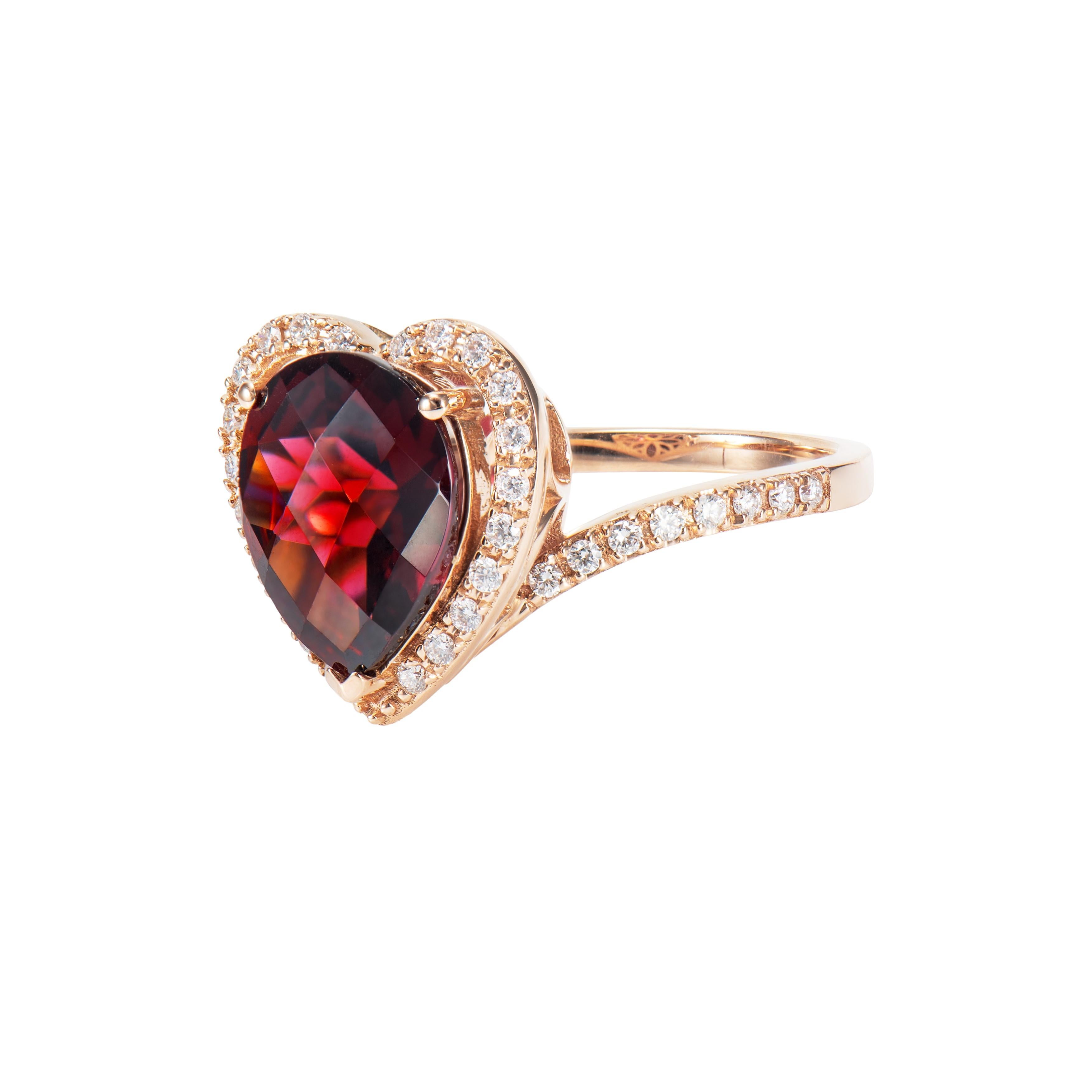 Pear Cut 4.68 Carat Rhodolite Cocktail Ring in 18 Karat Rose Gold with White Diamond For Sale