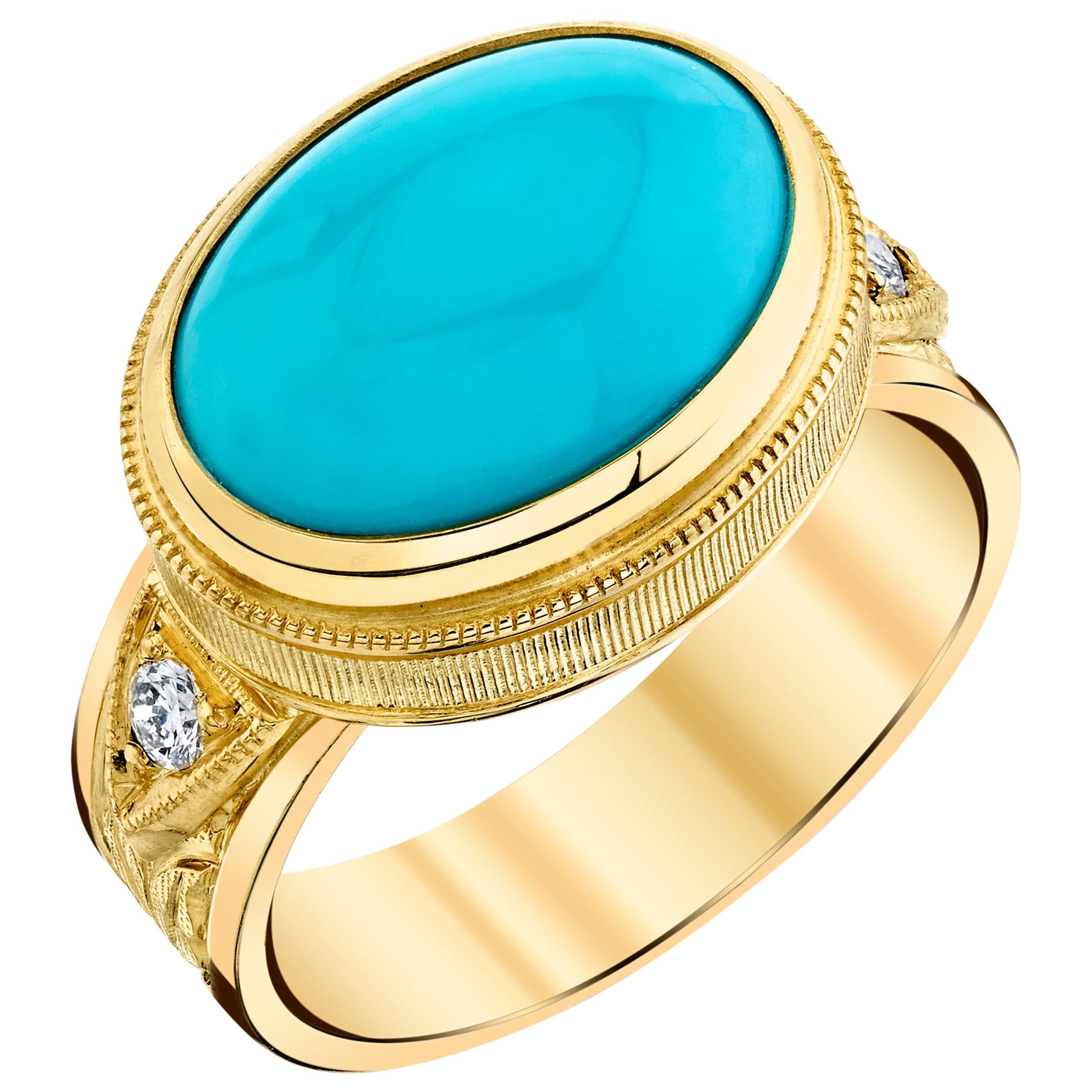 4.68 ct. Sleeping Beauty Turquoise Cabochon & Diamond 18k Yellow Gold Dome Ring