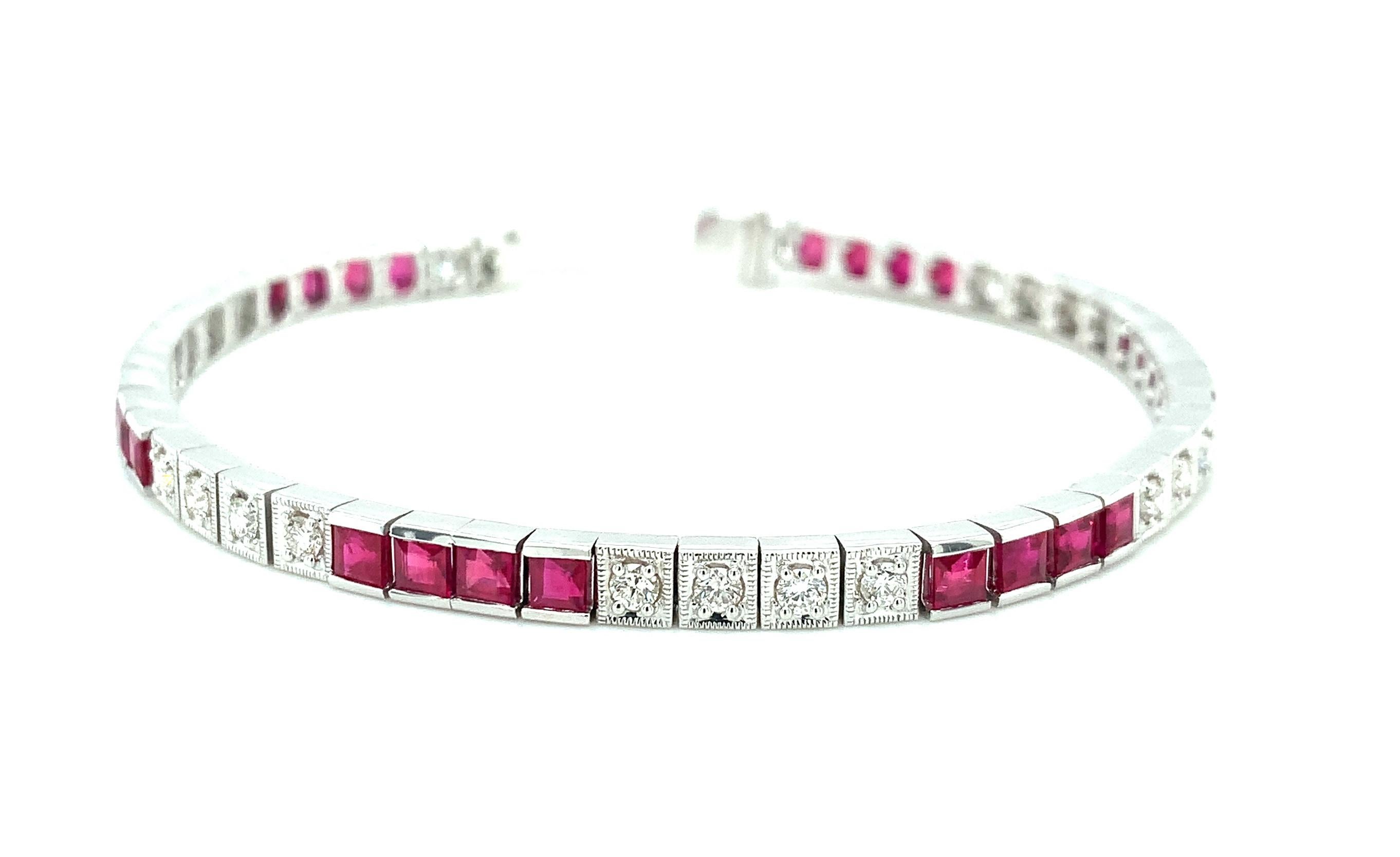 This spectacular ruby and diamond tennis bracelet is set with over four and a half carats of the finest Burmese rubies and over a carat of white diamonds! Burma (Myanmar) is the source of some of the highest quality gems available, known for their