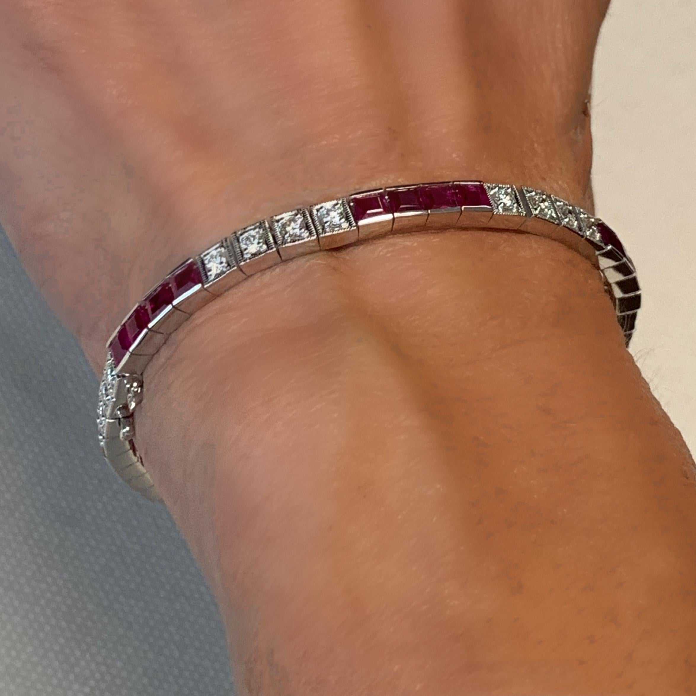 4.68 Carat Total Burmese Ruby and Diamond White Gold Tennis Bracelet 1