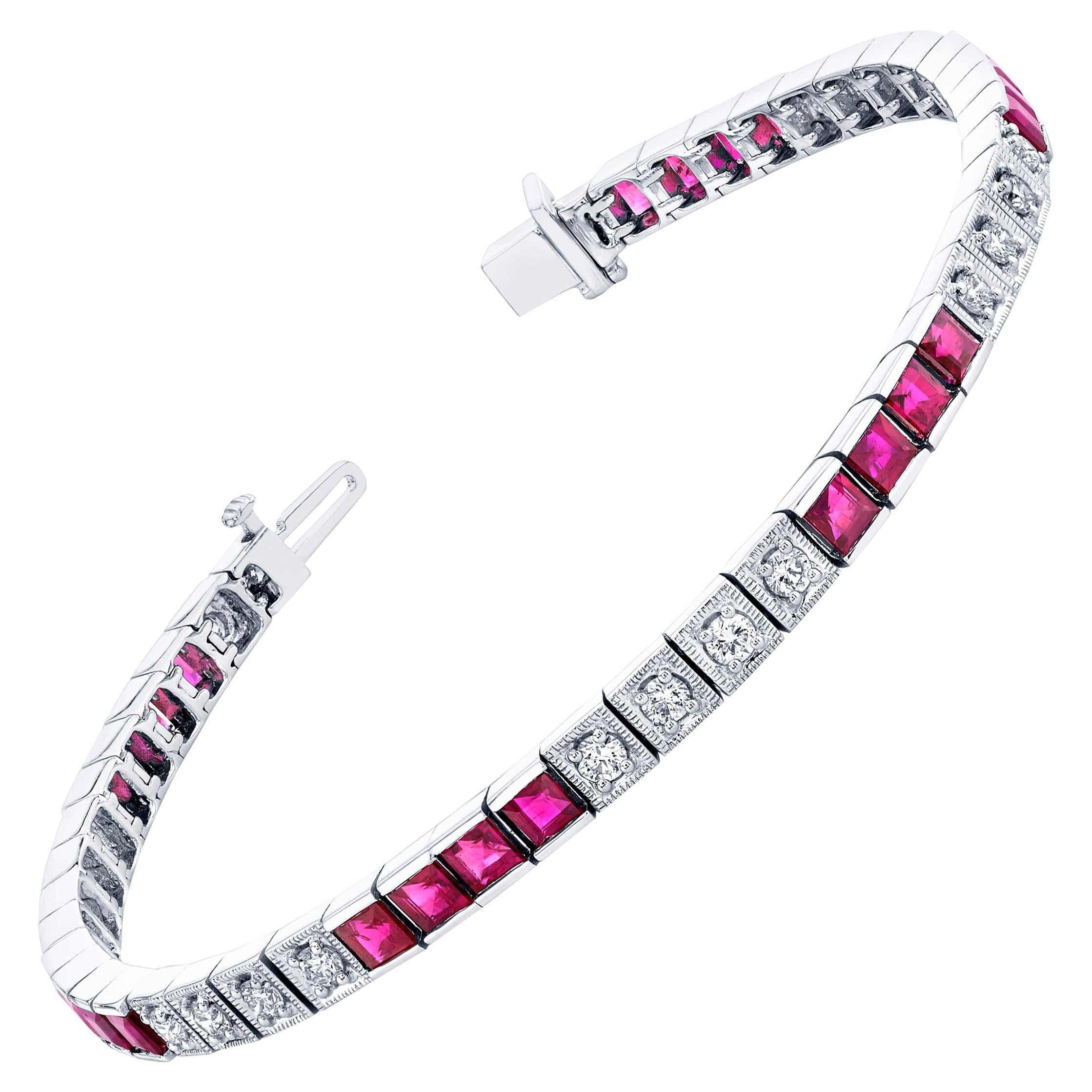 4.68 Carat Total Burmese Ruby and Diamond White Gold Tennis Bracelet