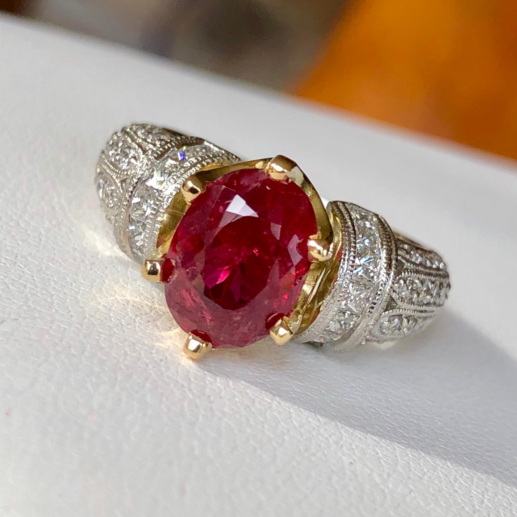 A stunning Estate 3.68 carat unheated ruby and diamond ring, mount crafted of platinum ( 