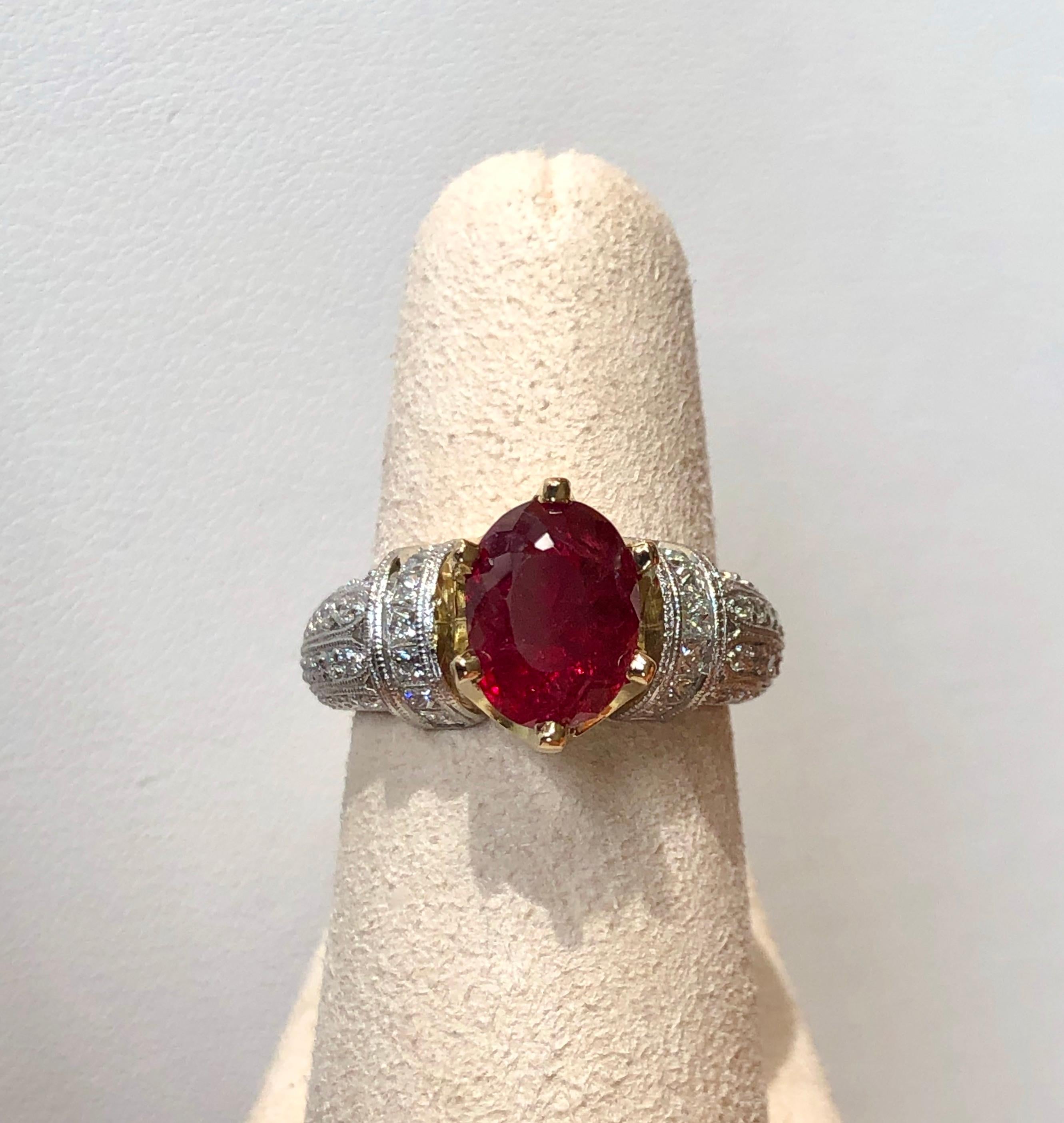 Oval Cut 4.68 Carat Unheated Natural Red Ruby and Diamond Ring Platinum 18 Karat