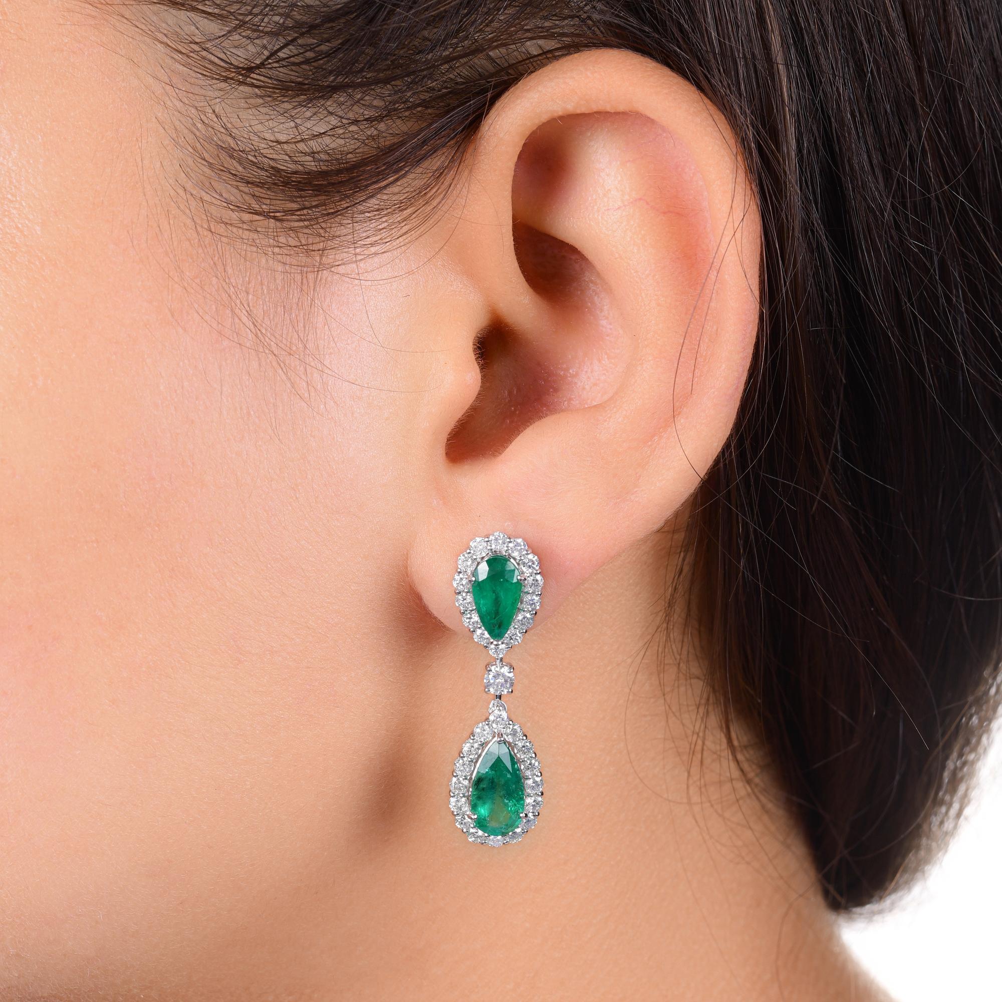Pear Cut 4.68 Carat Zambian Emerald Earrings 1.96 Carat SI/H Diamond 18 Karat White Gold For Sale