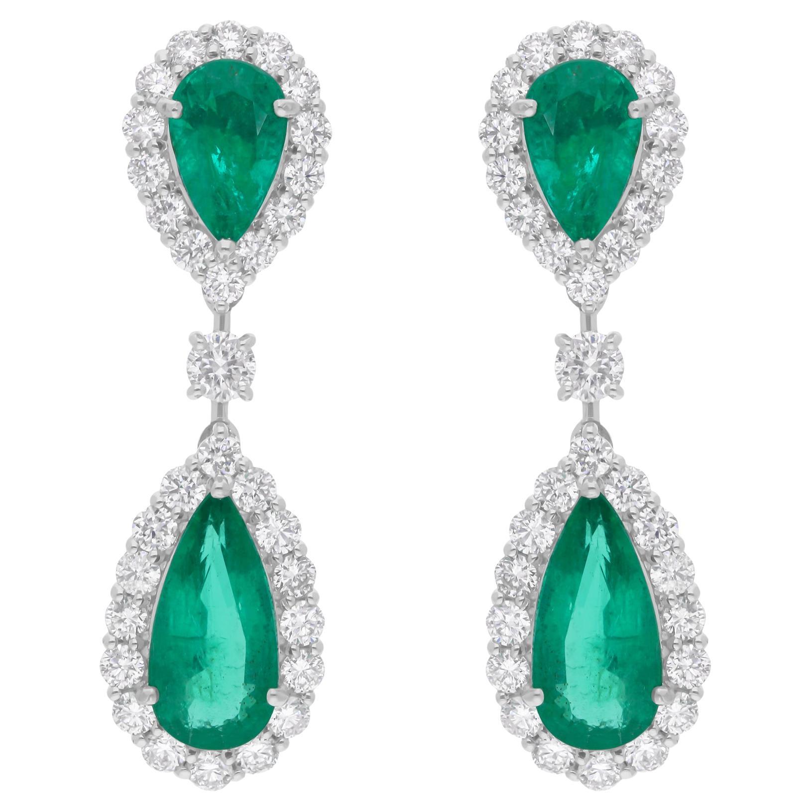 4.68 Carat Zambian Emerald Earrings 1.96 Carat SI/H Diamond 18 Karat White Gold For Sale