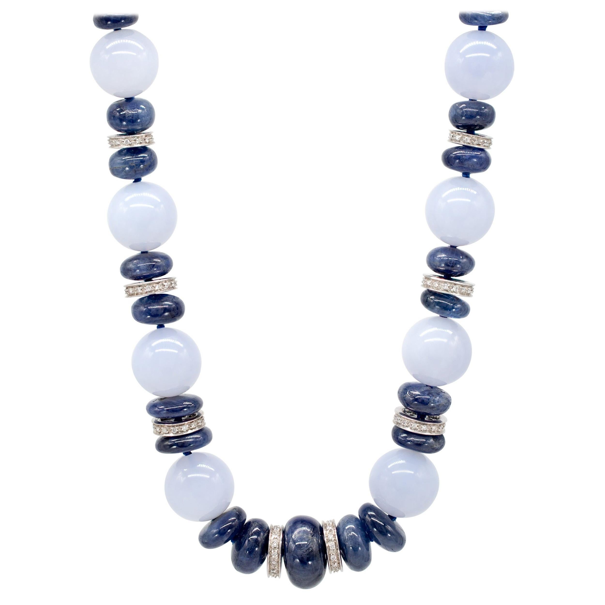 468.25 Carat Chalcedony, Blue Sapphire, and 18 Karat WG Diamond Roundel Necklace