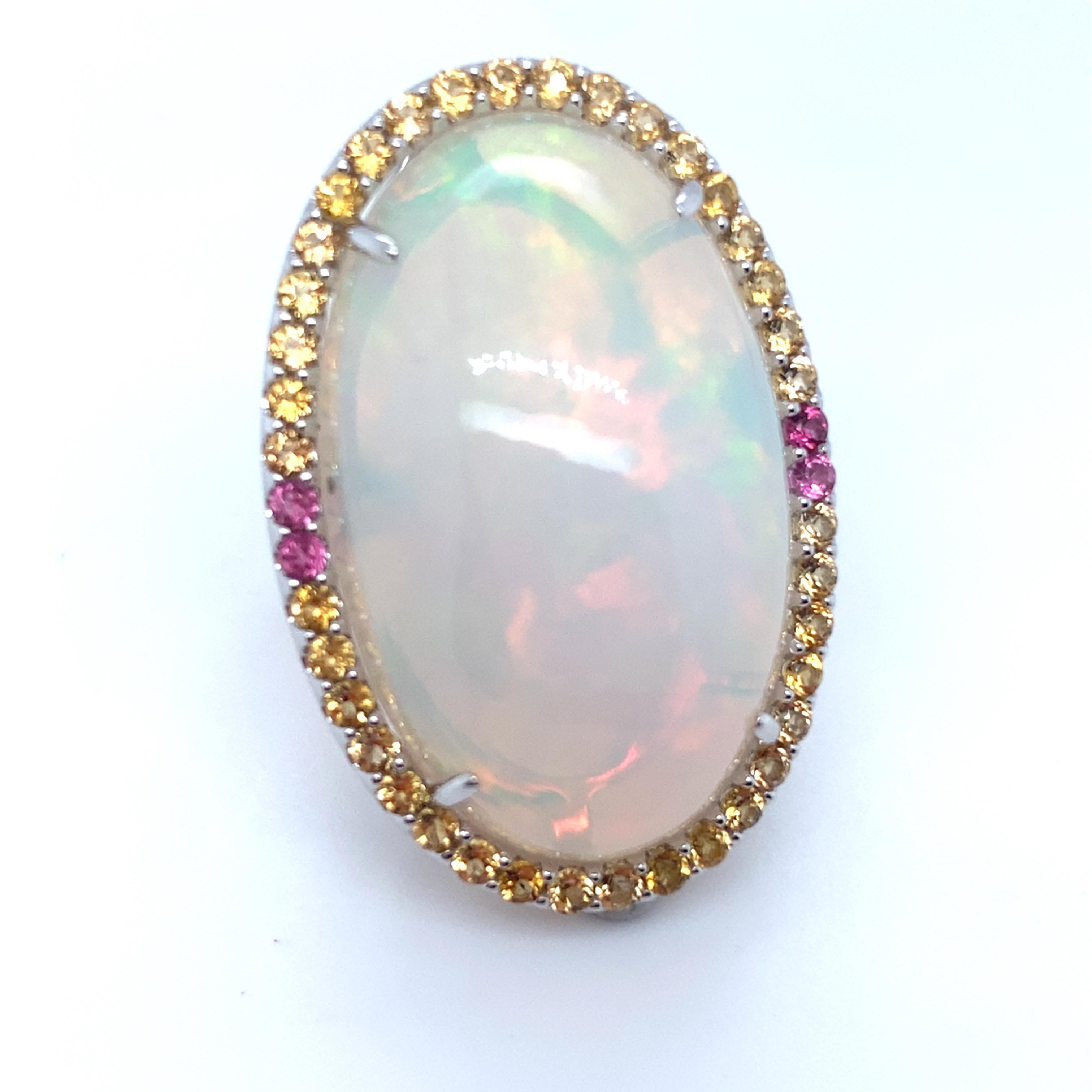 Artisan 46.86 Carat Oval Cut Opal Sapphire White Gold Cocktail Ring For Sale