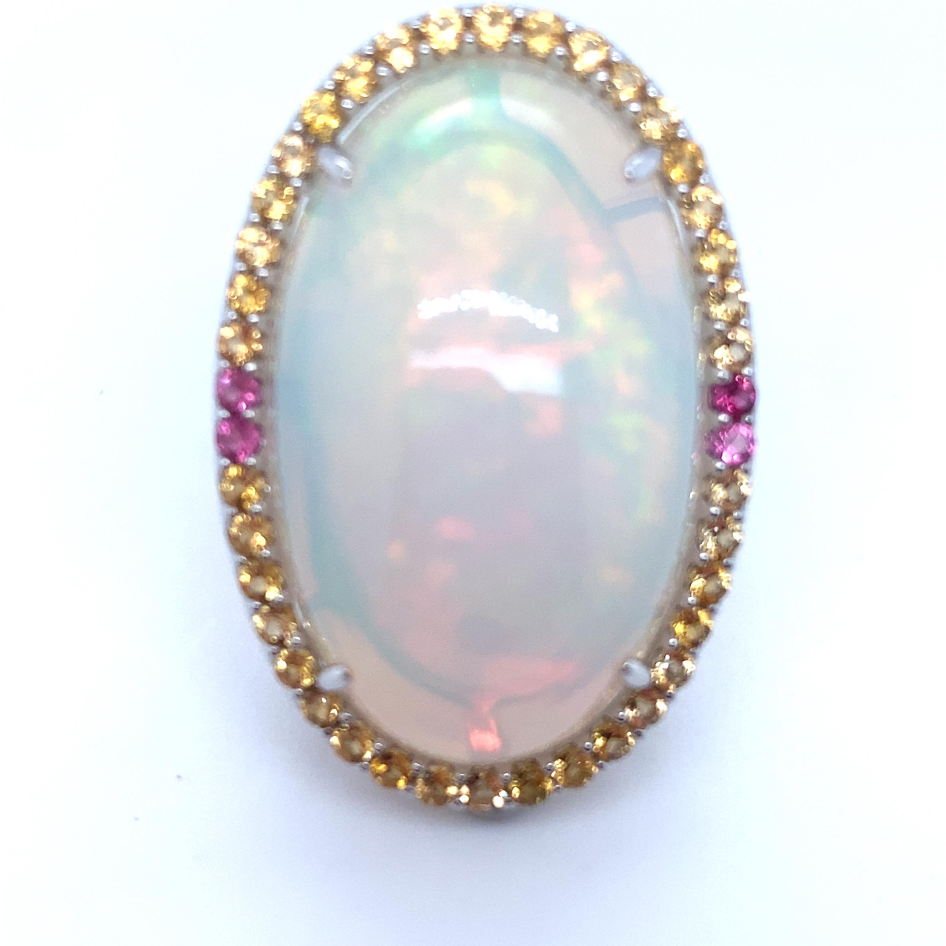 Cabochon 46.86 Carat Oval Cut Opal Sapphire White Gold Cocktail Ring For Sale