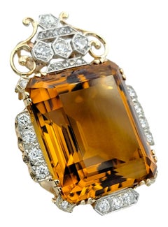 46.87 Carat Emerald Cut Citrine Pendant with Diamonds in Yellow and White Gold