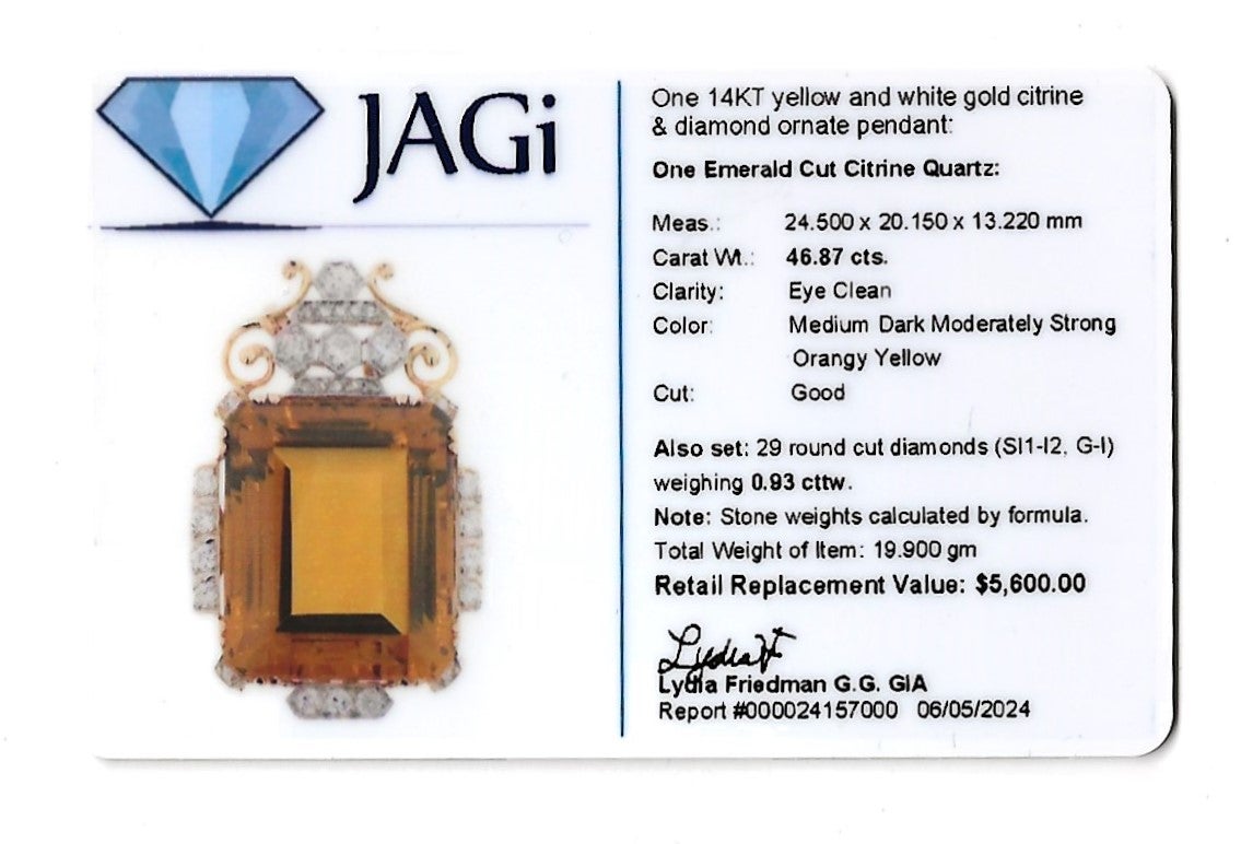 46.87 Carat Emerald Cut Citrine Pendentif avec diamants en or jaune et blanc en vente 3