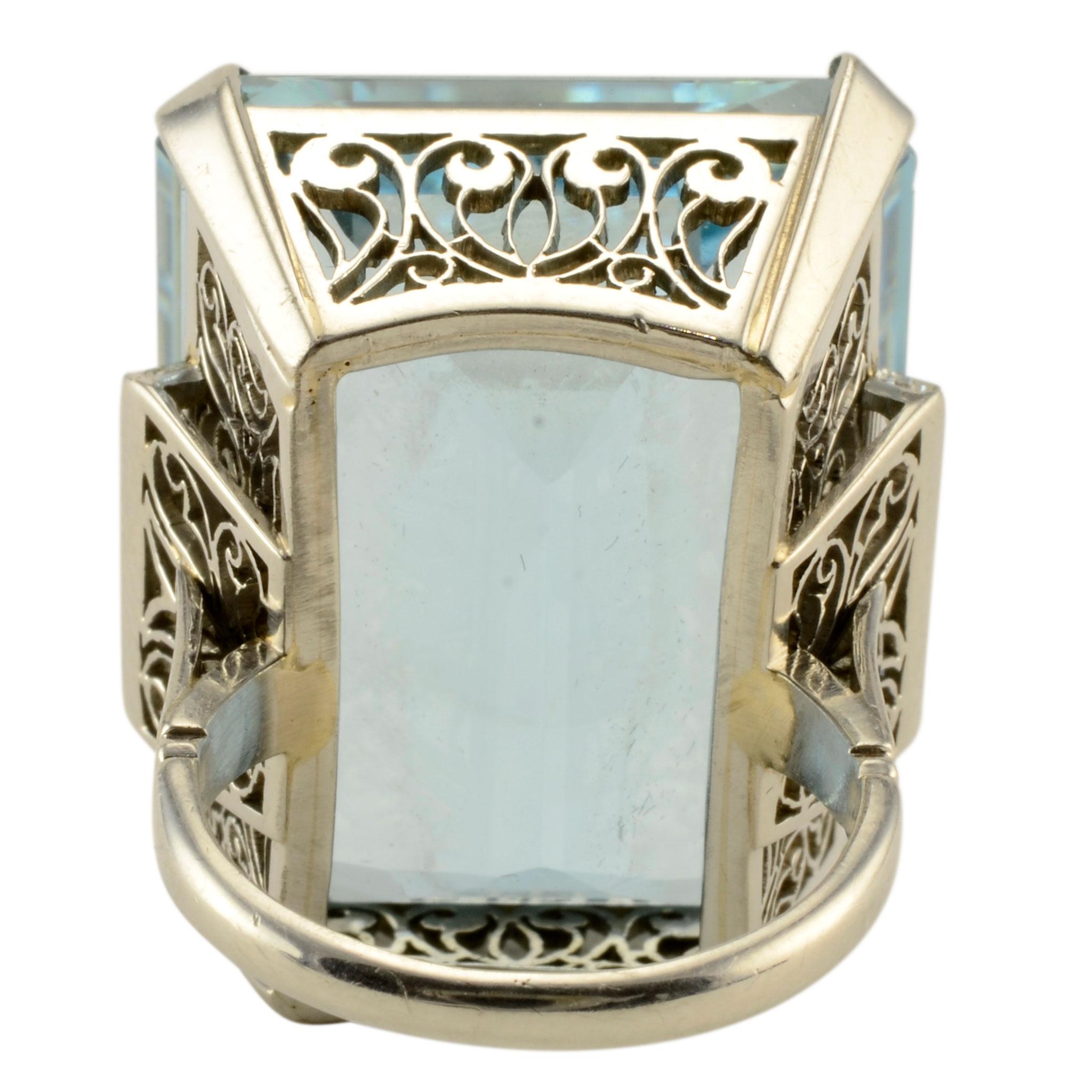Emerald Cut 46.88 Carat Aquamarine and Diamond Platinum Ring For Sale