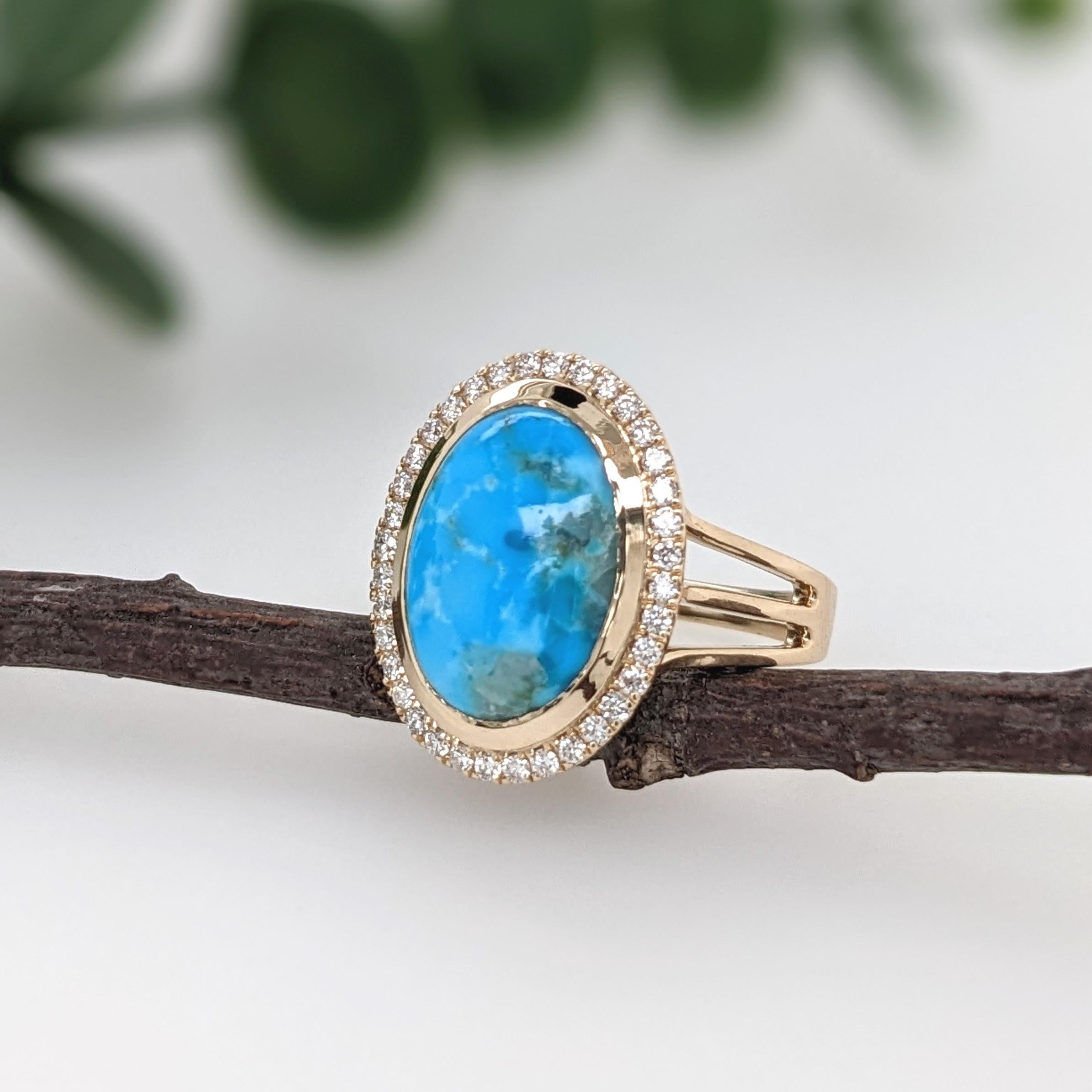 Art Deco 4.68ct Sonoran Turquoise Ring w Diamond Halo in 14k Solid Yellow Gold Oval 14x10