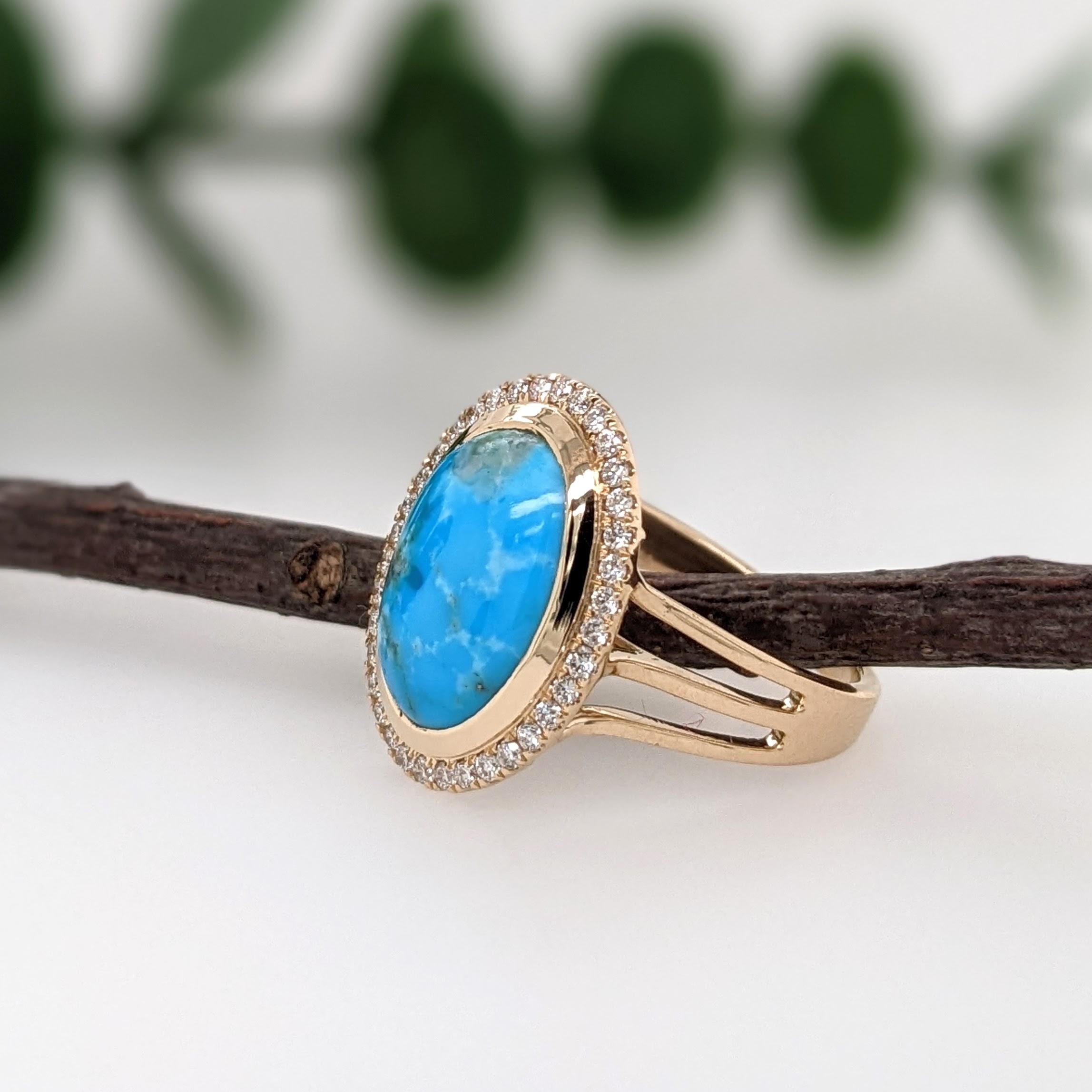 Oval Cut 4.68ct Sonoran Turquoise Ring w Diamond Halo in 14k Solid Yellow Gold Oval 14x10