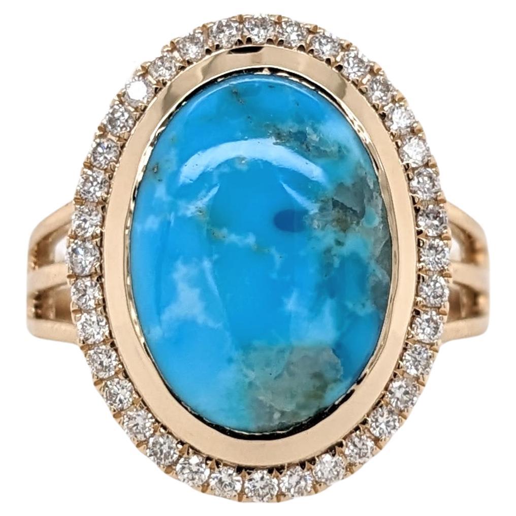 4.68ct Sonoran Turquoise Ring w Diamond Halo in 14k Solid Yellow Gold Oval 14x10