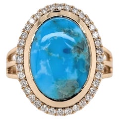 4.68ct Sonoran Turquoise Ring w Diamond Halo in 14k Solid Yellow Gold Oval 14x10 4.68ct Sonoran Turquoise Ring w Diamond Halo in 14k Solid Yellow Gold Oval 14x10