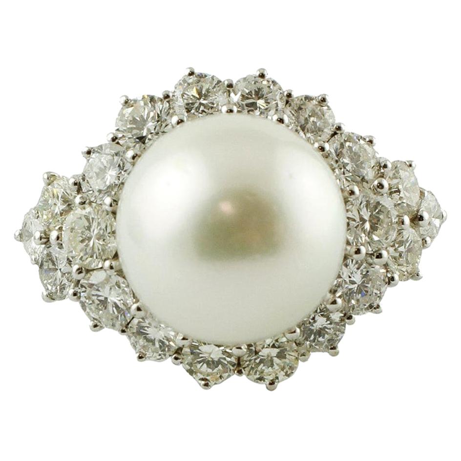 4.69 Carat Diamonds, South Sea Pearl, 14 Karat White Gold Classic Ring For Sale