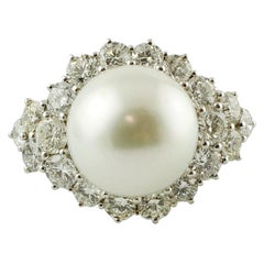 4.69 Carat Diamonds, South Sea Pearl, 14 Karat White Gold Classic Ring