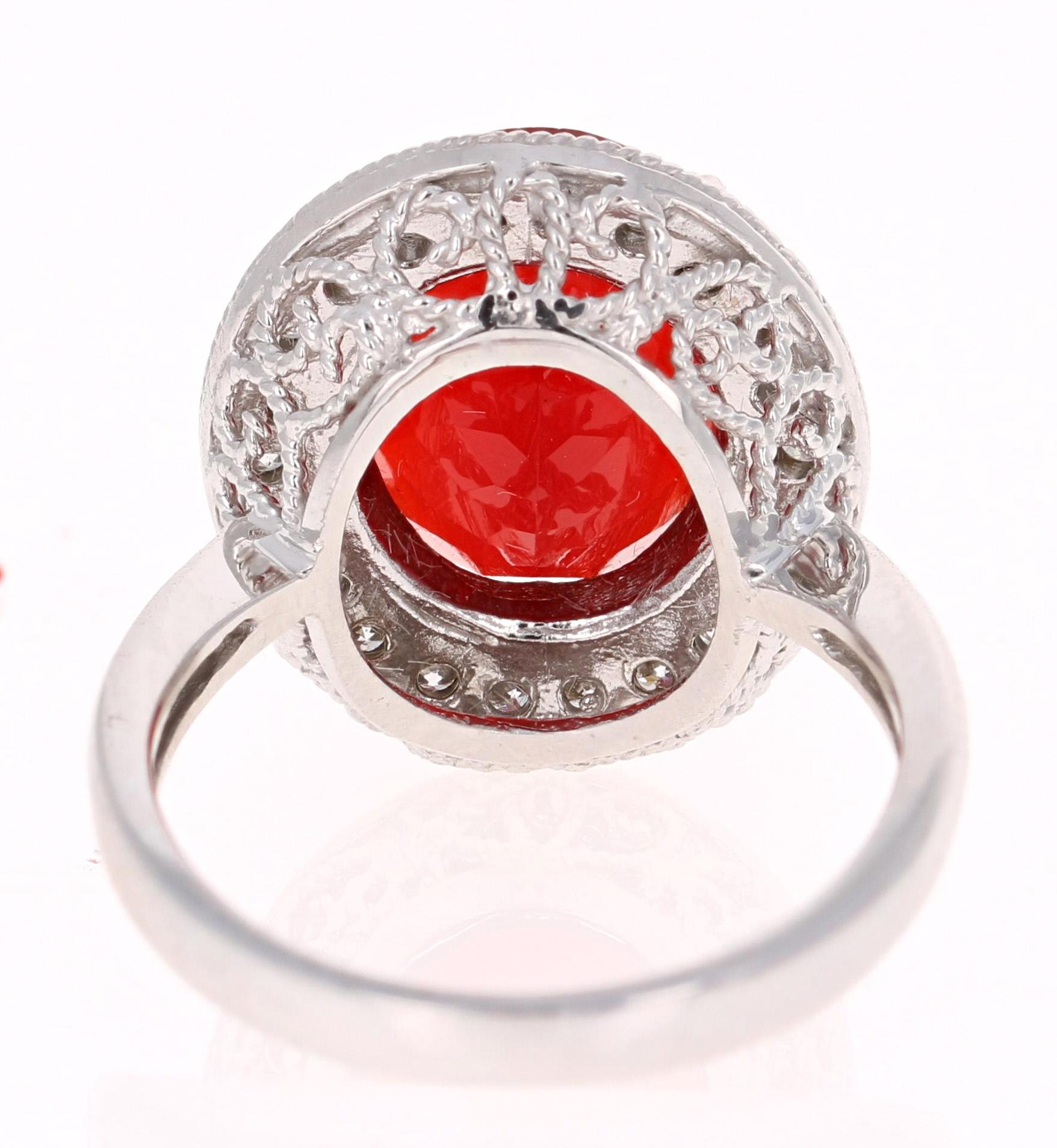 Oval Cut 4.69 Carat Fire Opal Diamond 14 Karat White Gold Ring For Sale