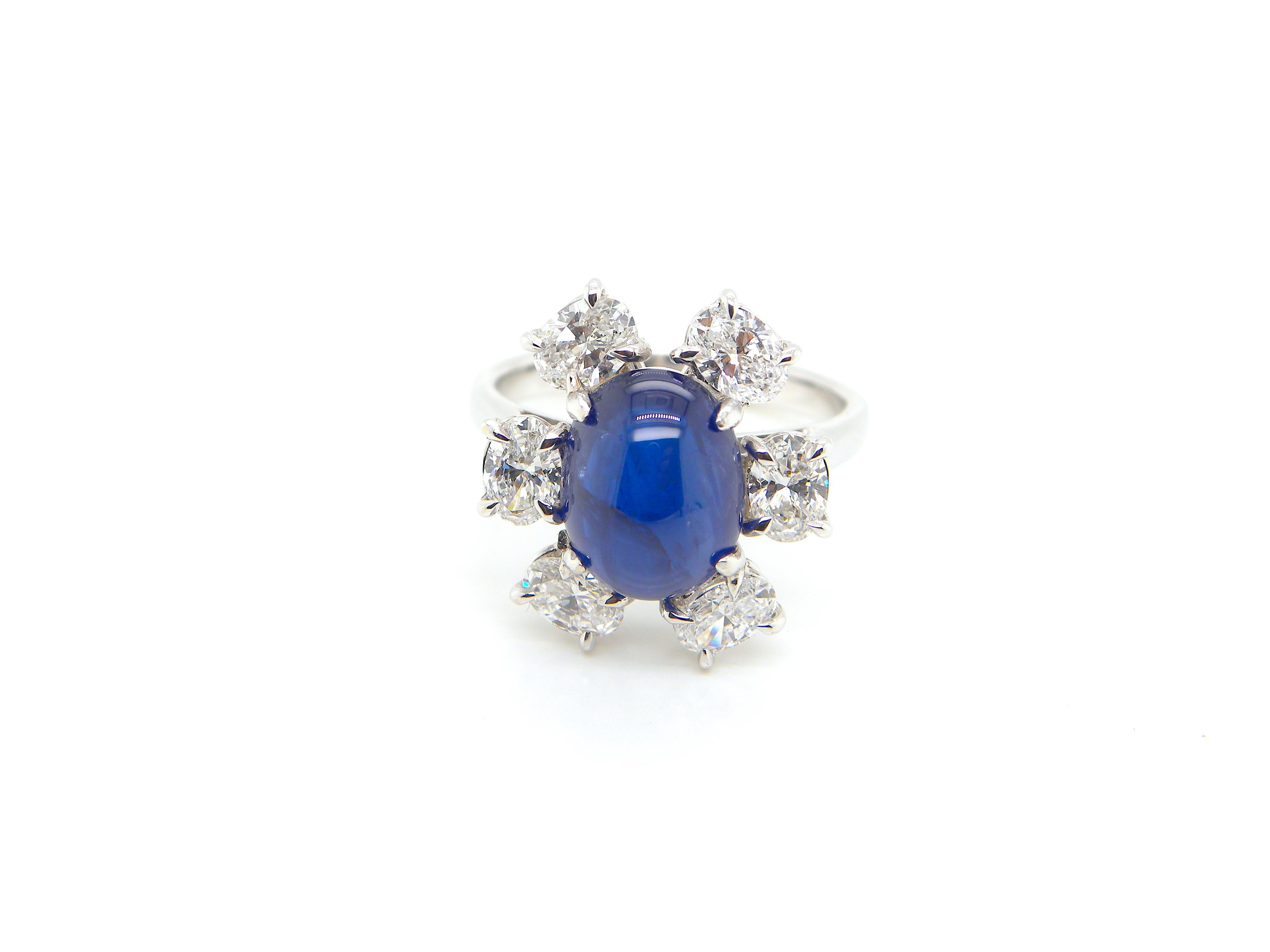 4.69 Carat GRS Certified Burma No Heat Blue Sapphire Cabochon and Diamond Ring In New Condition In Hong Kong, HK