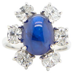 4.69 Carat GRS Certified Burma No Heat Blue Sapphire Cabochon and Diamond Ring