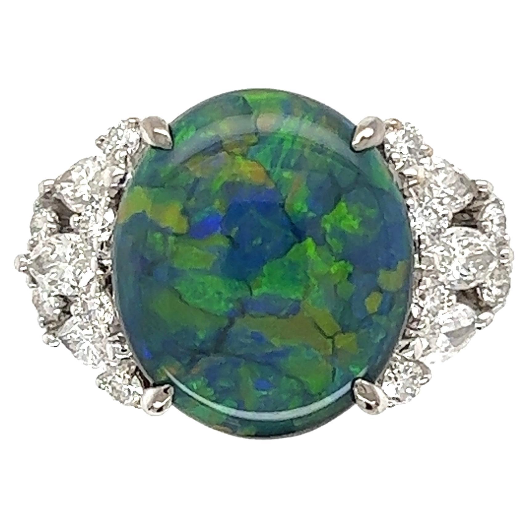 4.69 Carat Lightning Ridge Black Opal and Diamond Ring Estate Fine Jewelry For Sale