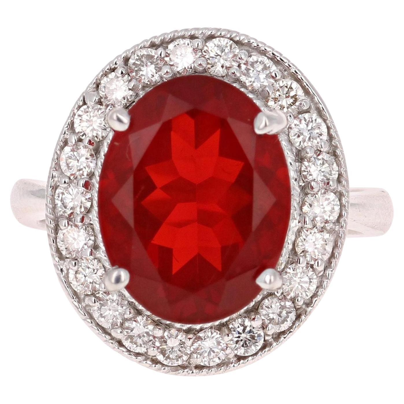 4,69 Karat Natürlicher Feueropal Diamant 14 Karat Weißgold Ring