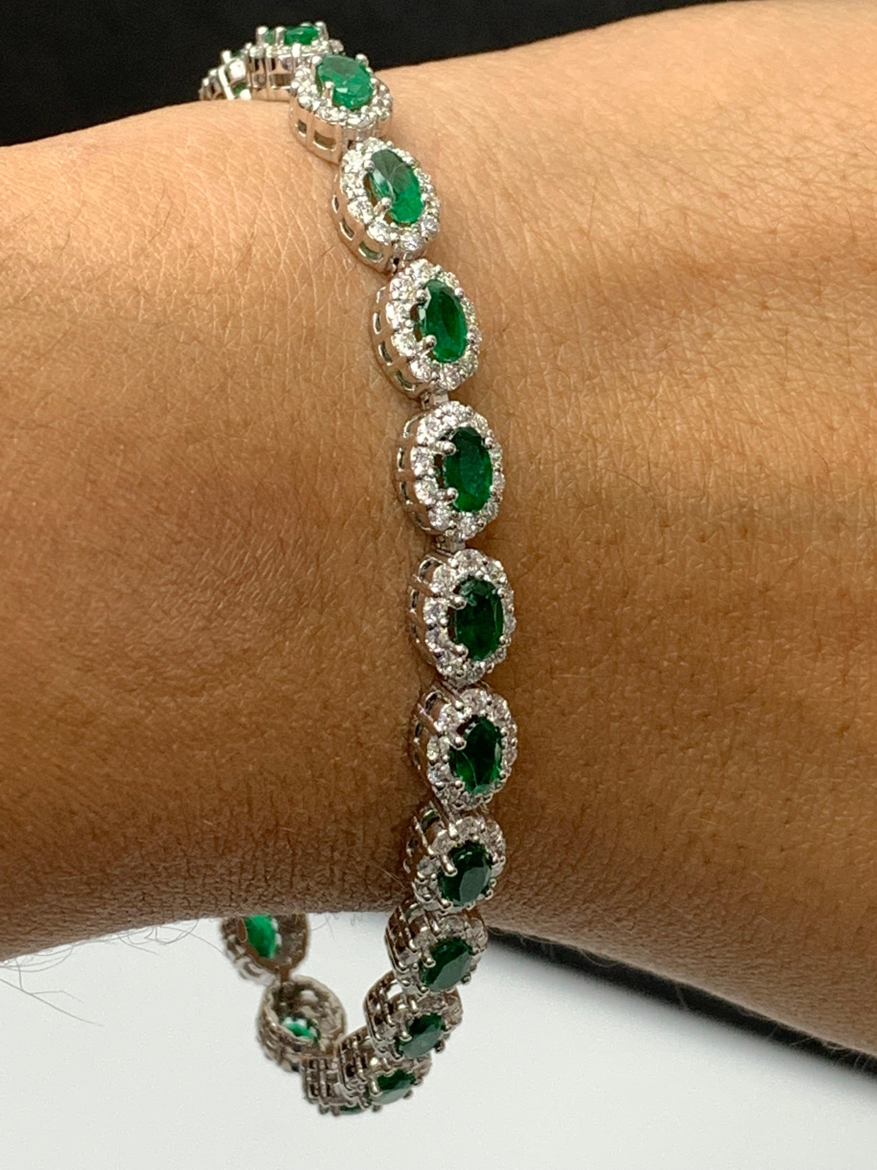 4.69 Carat Oval Cut Emerald and Diamond Halo Bracelet in 14K White Gold For Sale 4