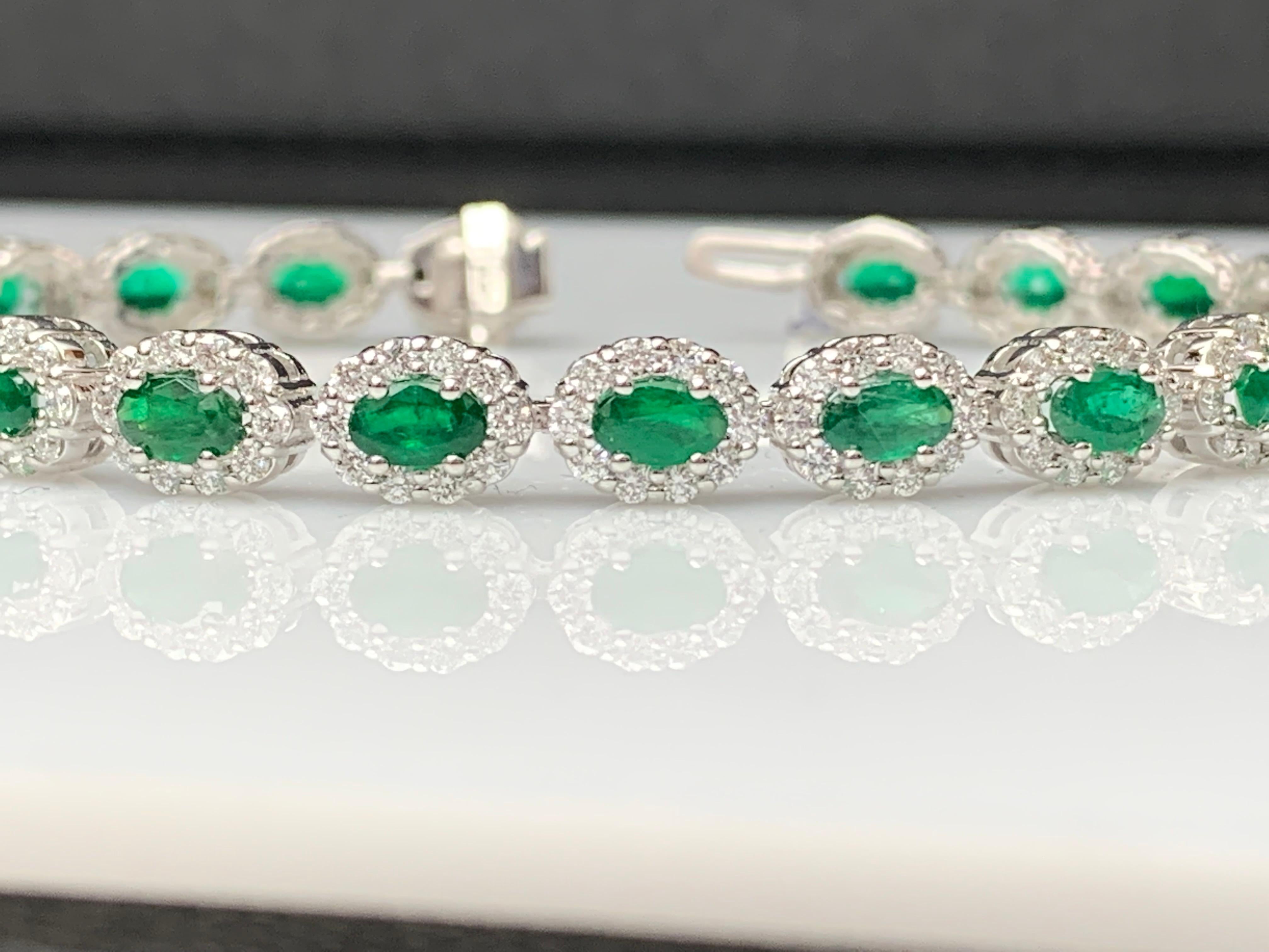 4.69 Carat Oval Cut Emerald and Diamond Halo Bracelet in 14K White Gold For Sale 5