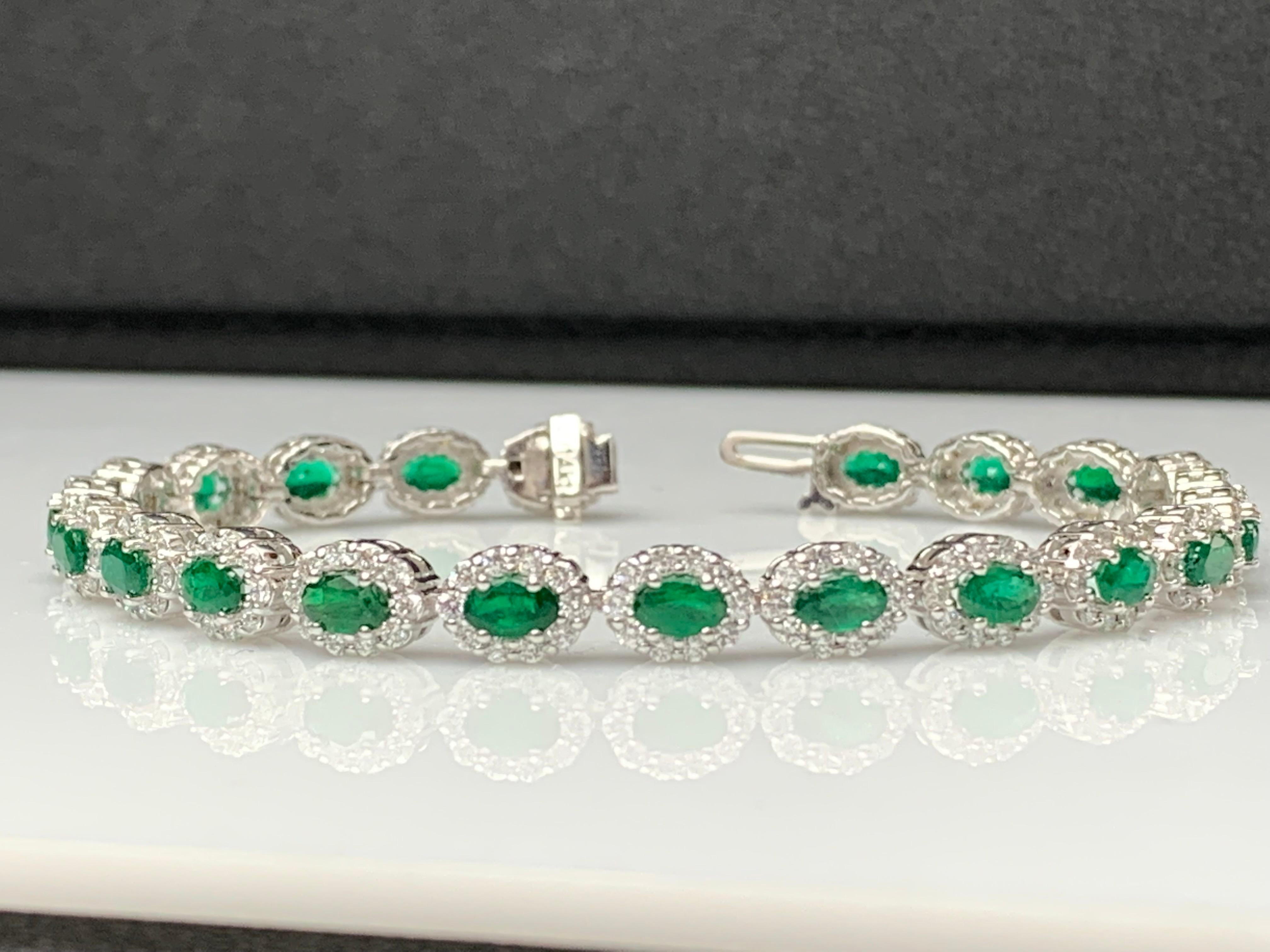 4.69 Carat Oval Cut Emerald and Diamond Halo Bracelet in 14K White Gold For Sale 6