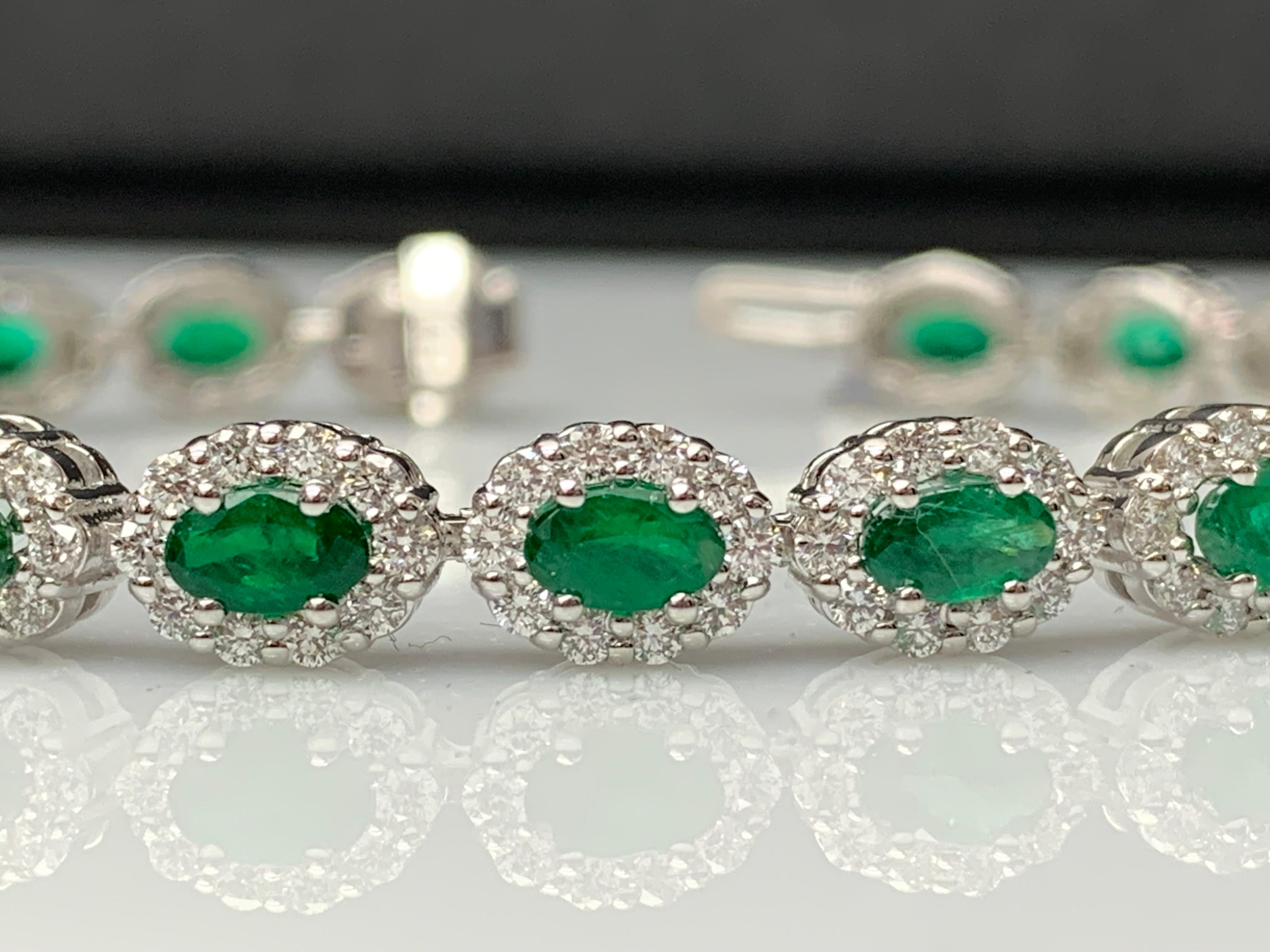 4.69 Carat Oval Cut Emerald and Diamond Halo Bracelet in 14K White Gold For Sale 8