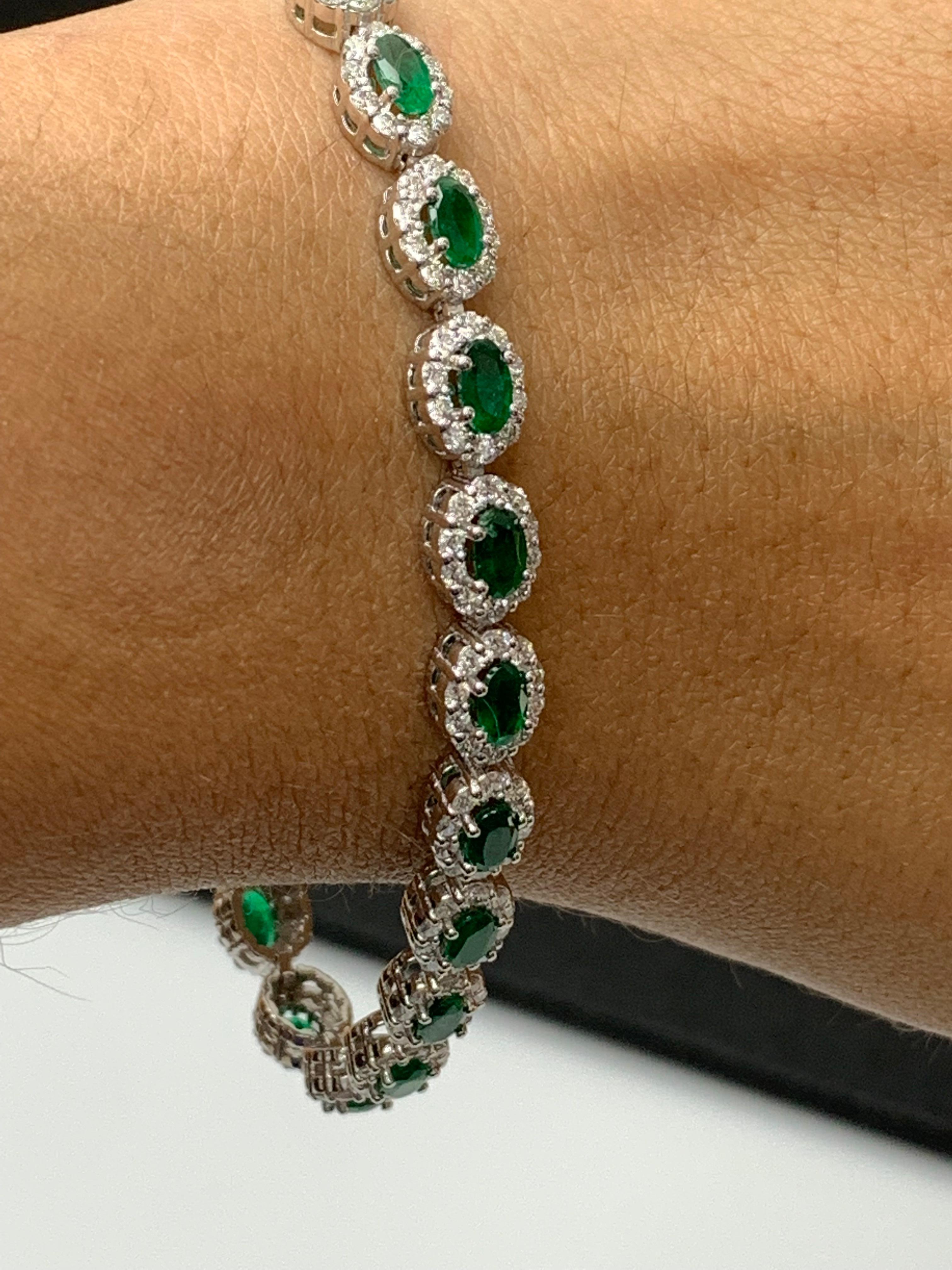 4.69 Carat Oval Cut Emerald and Diamond Halo Bracelet in 14K White Gold For Sale 3