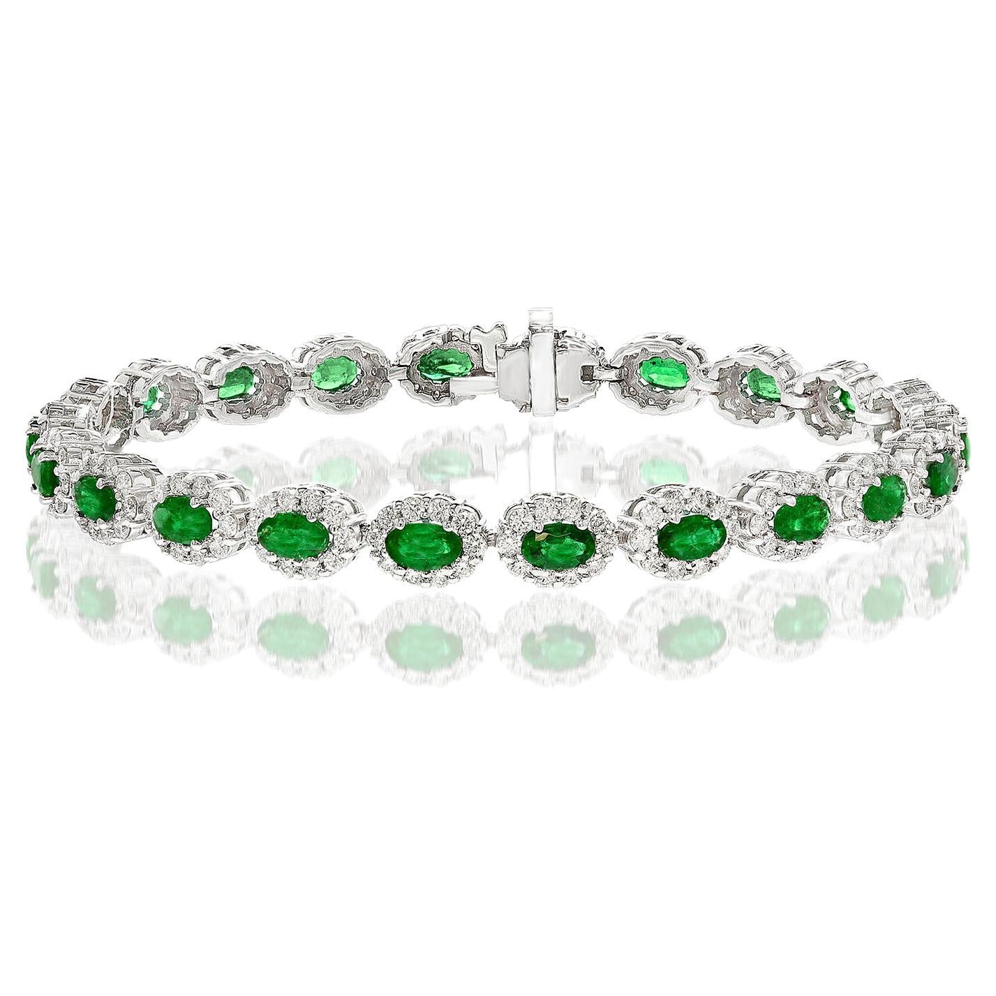 4.69 Carat Oval Cut Emerald and Diamond Halo Bracelet in 14K White Gold For Sale