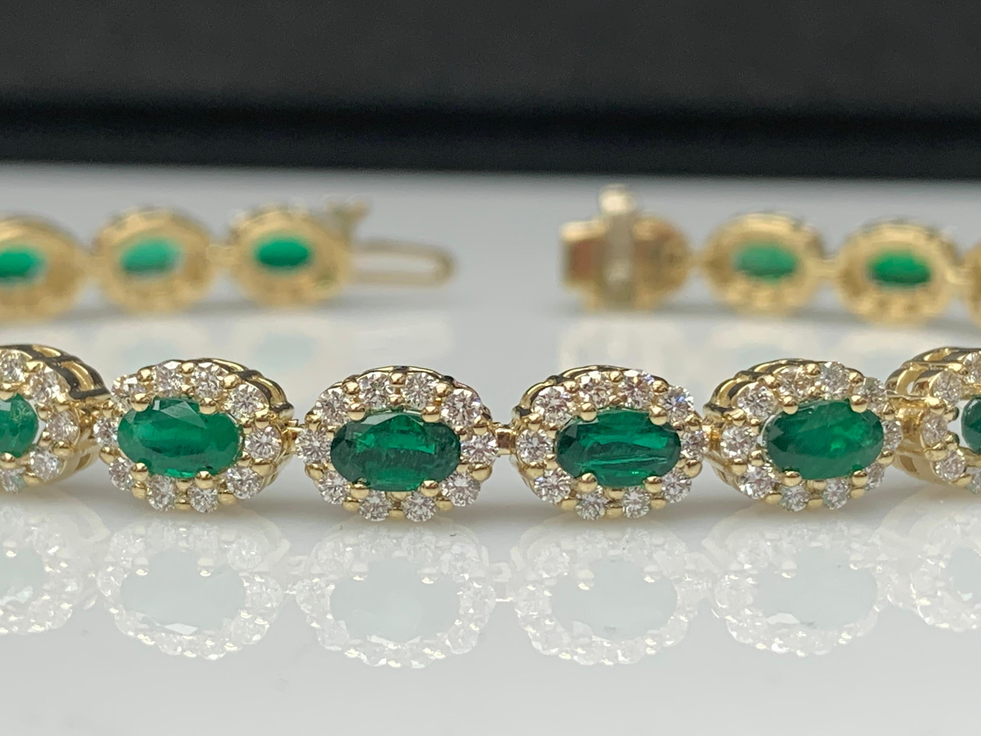 4.69 Carat Oval Cut Emerald and Diamond Halo Bracelet in 14K Yellow Gold For Sale 5