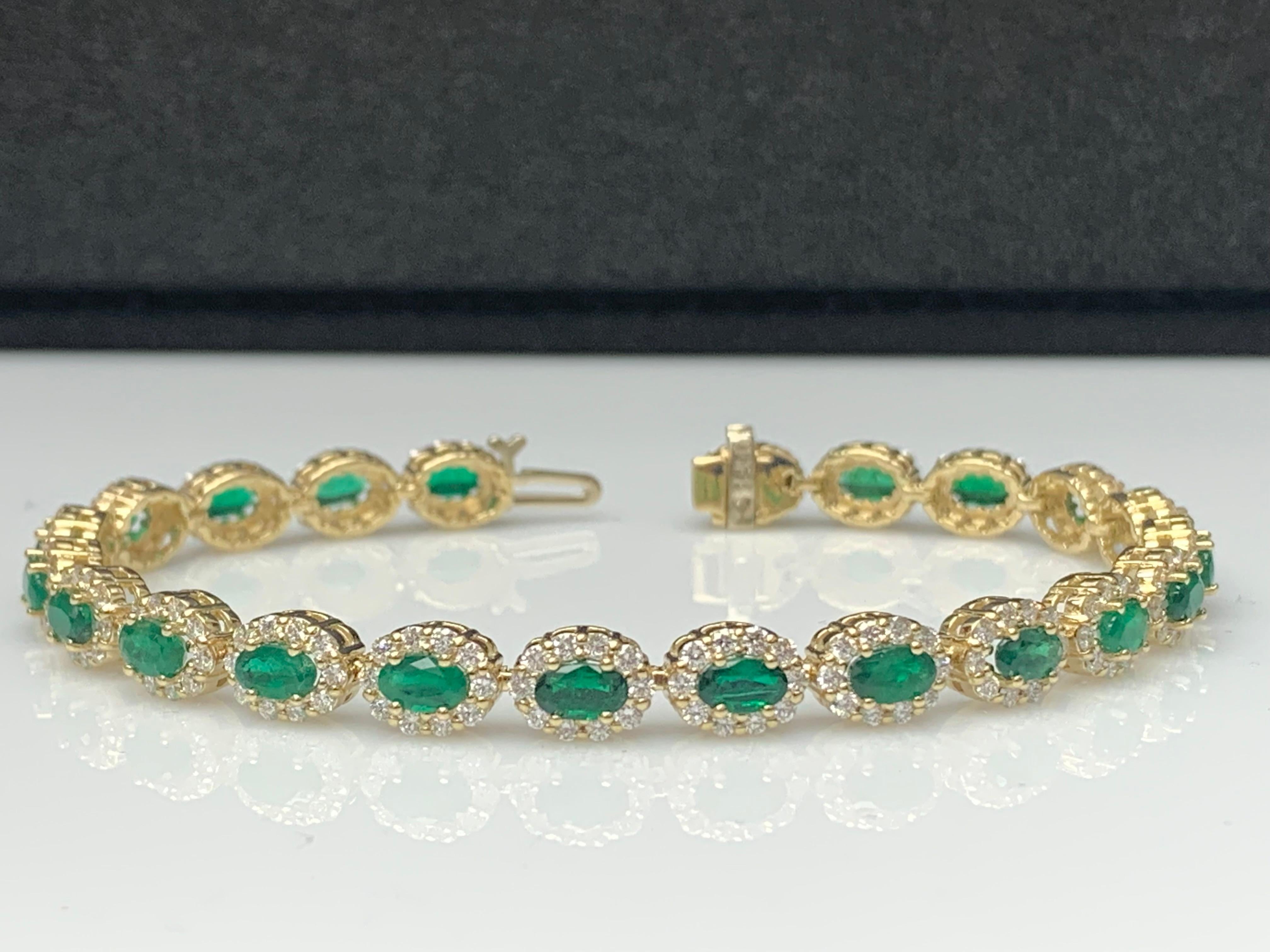 4.69 Carat Oval Cut Emerald and Diamond Halo Bracelet in 14K Yellow Gold For Sale 6