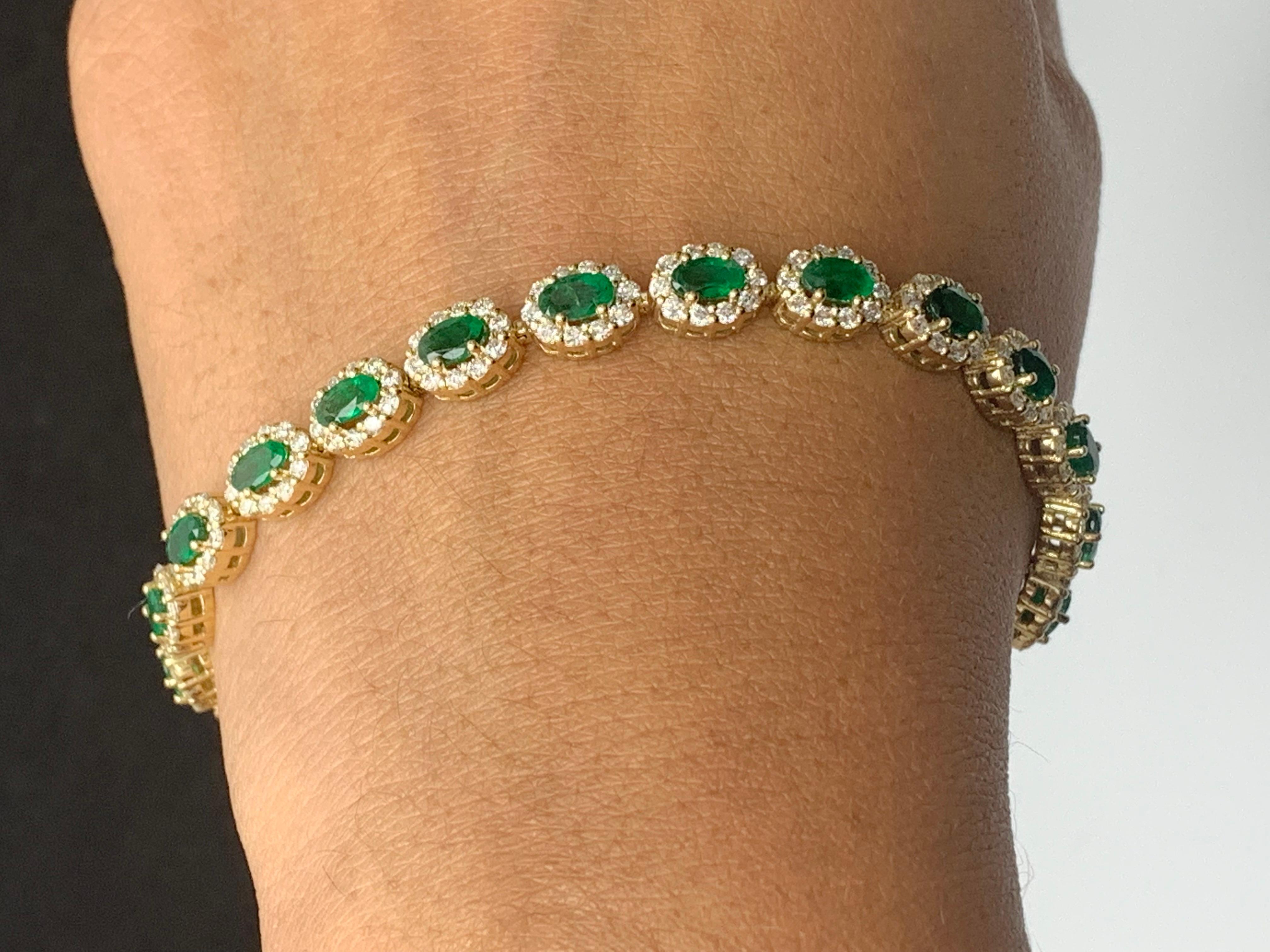 4.69 Carat Oval Cut Emerald and Diamond Halo Bracelet in 14K Yellow Gold For Sale 8