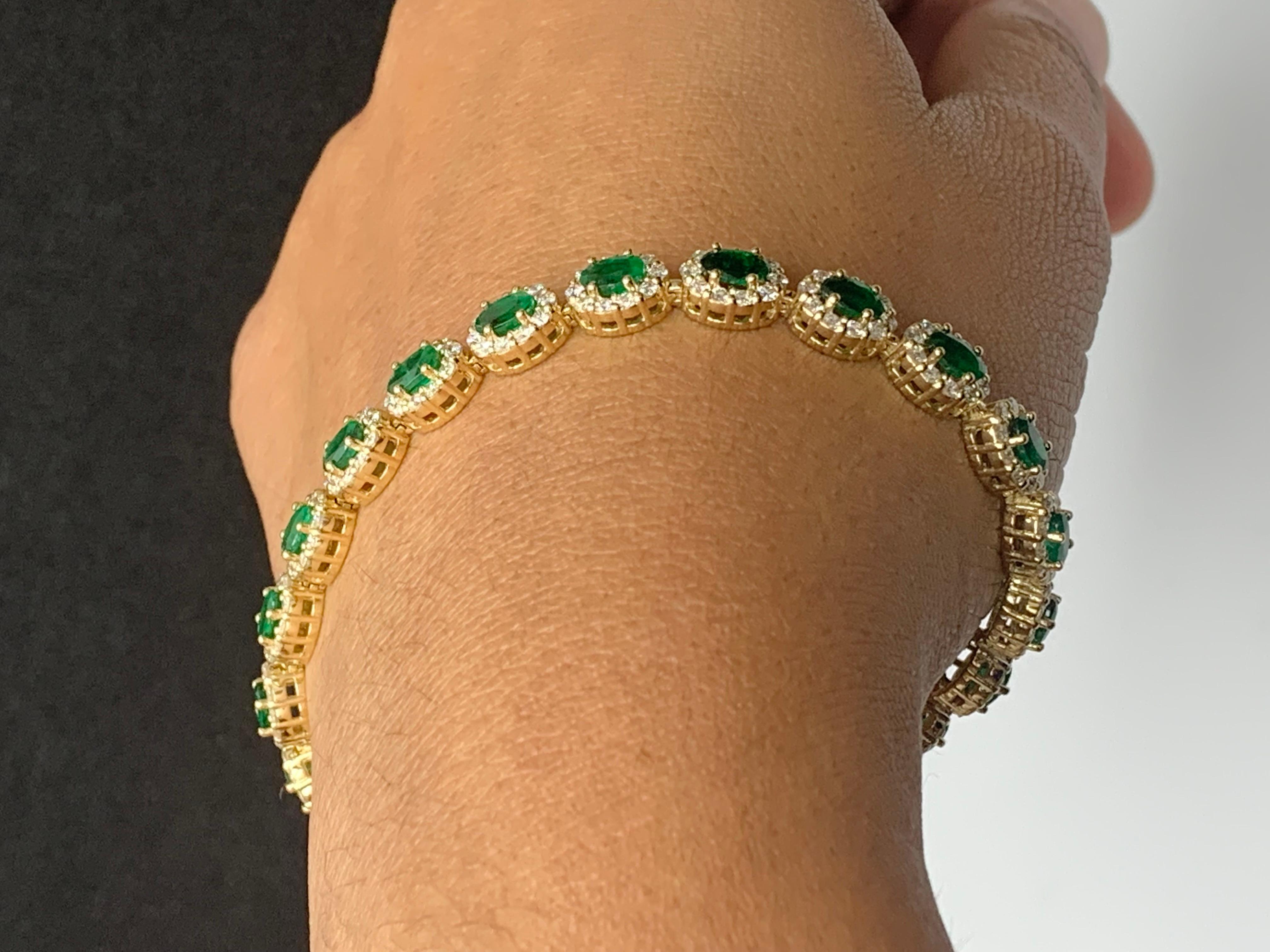 4.69 Carat Oval Cut Emerald and Diamond Halo Bracelet in 14K Yellow Gold For Sale 9