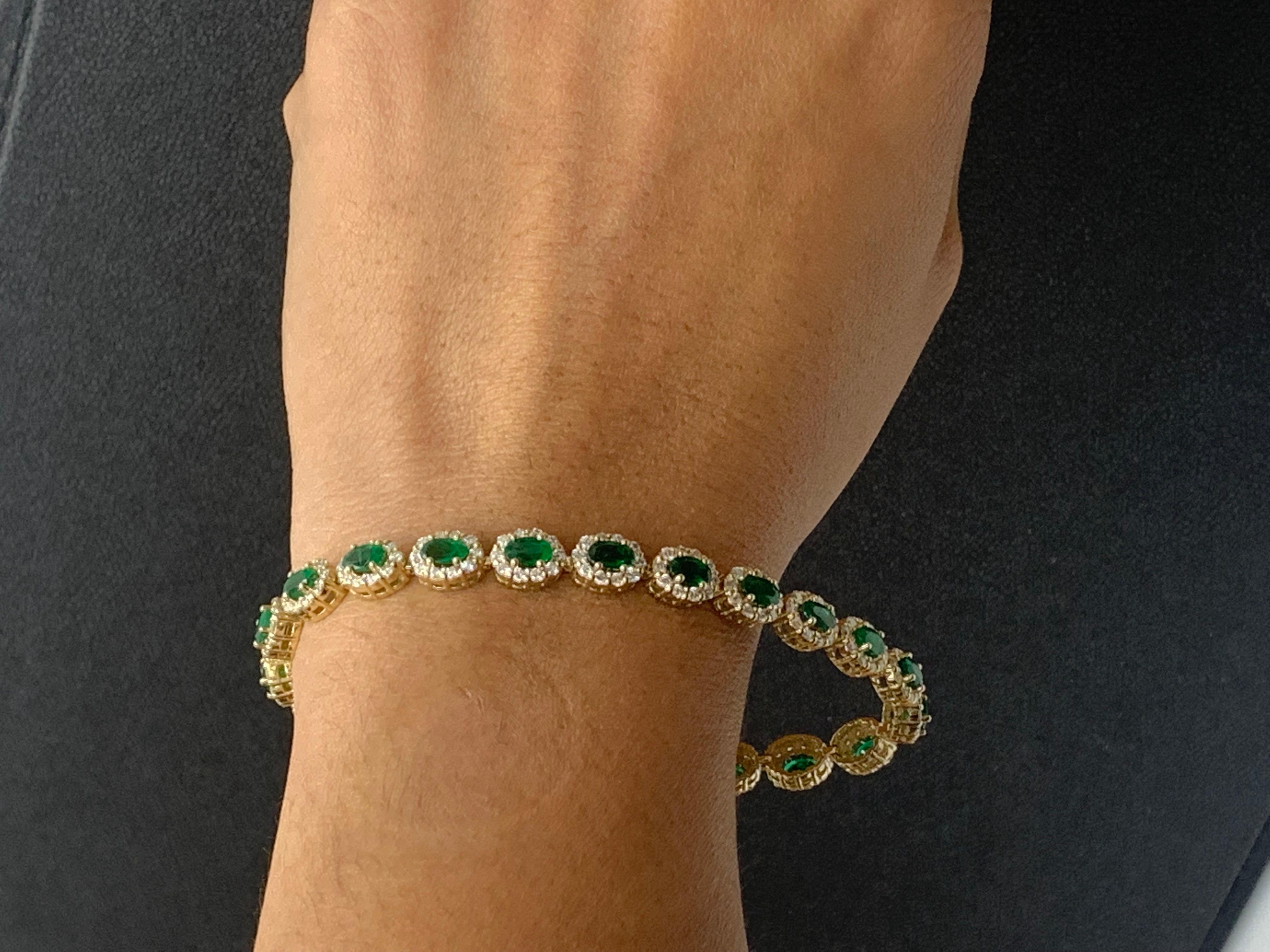 4.69 Carat Oval Cut Emerald and Diamond Halo Bracelet in 14K Yellow Gold For Sale 13