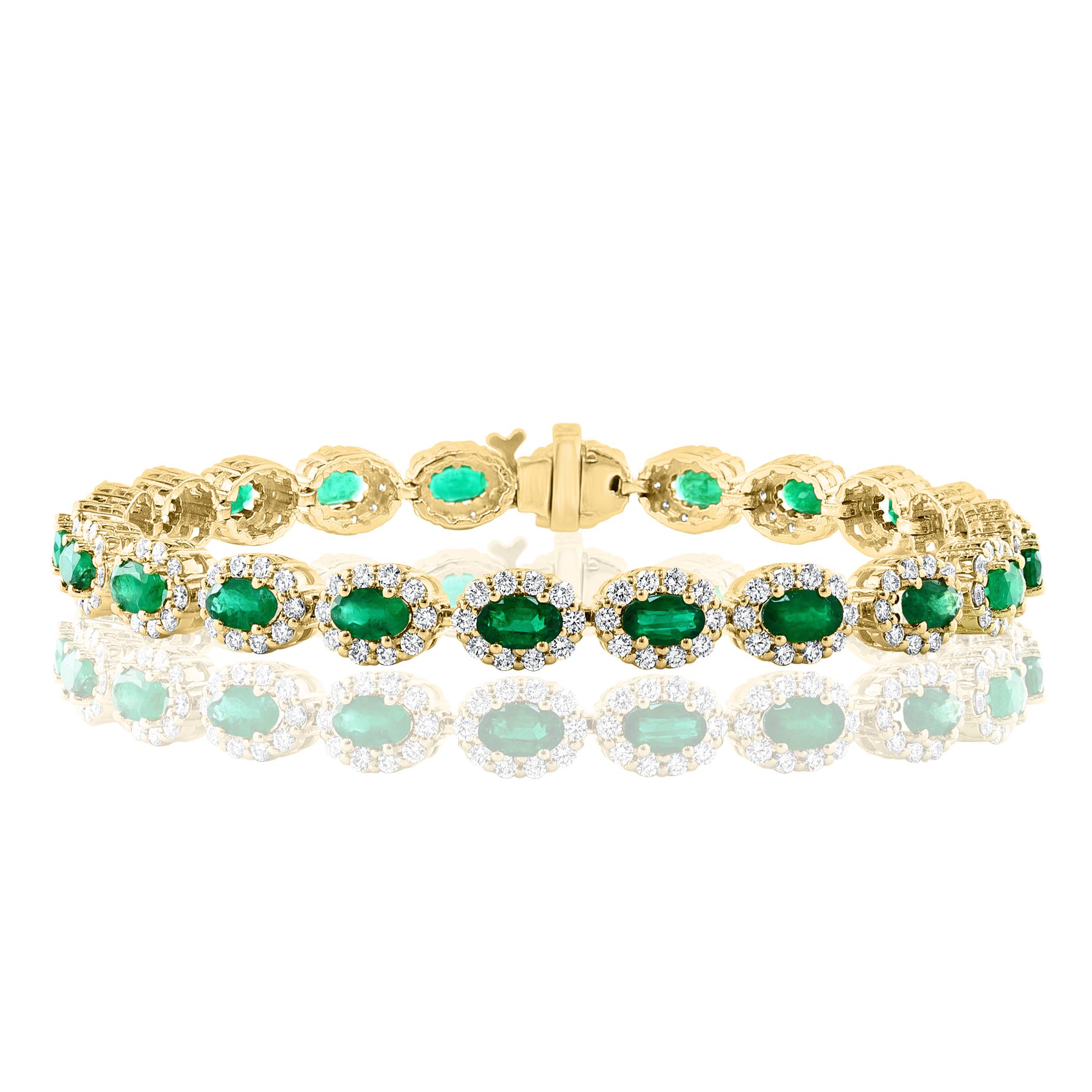 A beautiful Emerald and diamond bracelet showcasing color-rich emeralds, surrounded by a single row of brilliant round diamonds. 22 Oval cut emeralds weigh 4.69 carats total; 220 accent diamonds weigh 3.08 carats total. made in 14K Yellow