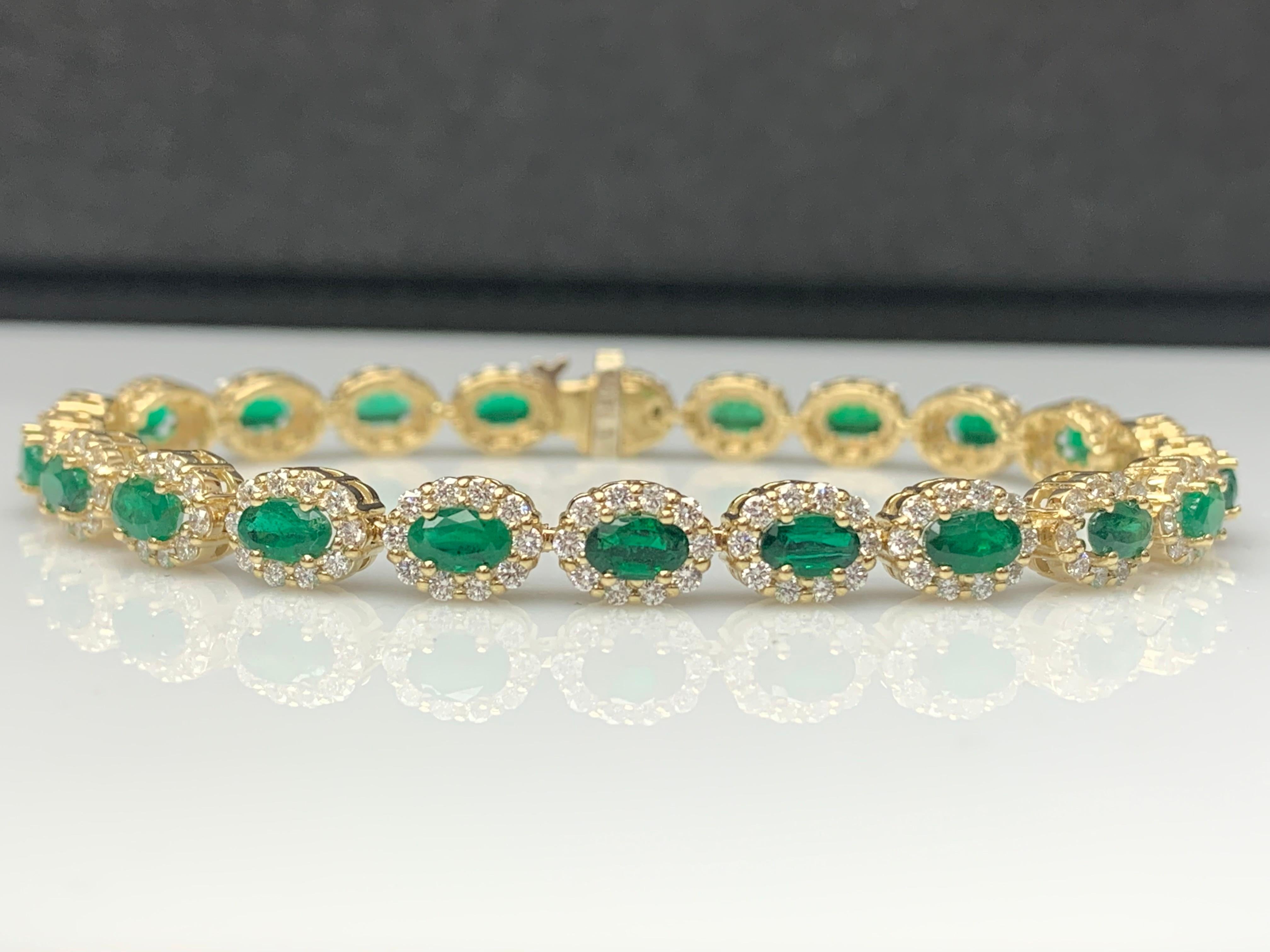 Women's 4.69 Carat Oval Cut Emerald and Diamond Halo Bracelet in 14K Yellow Gold For Sale