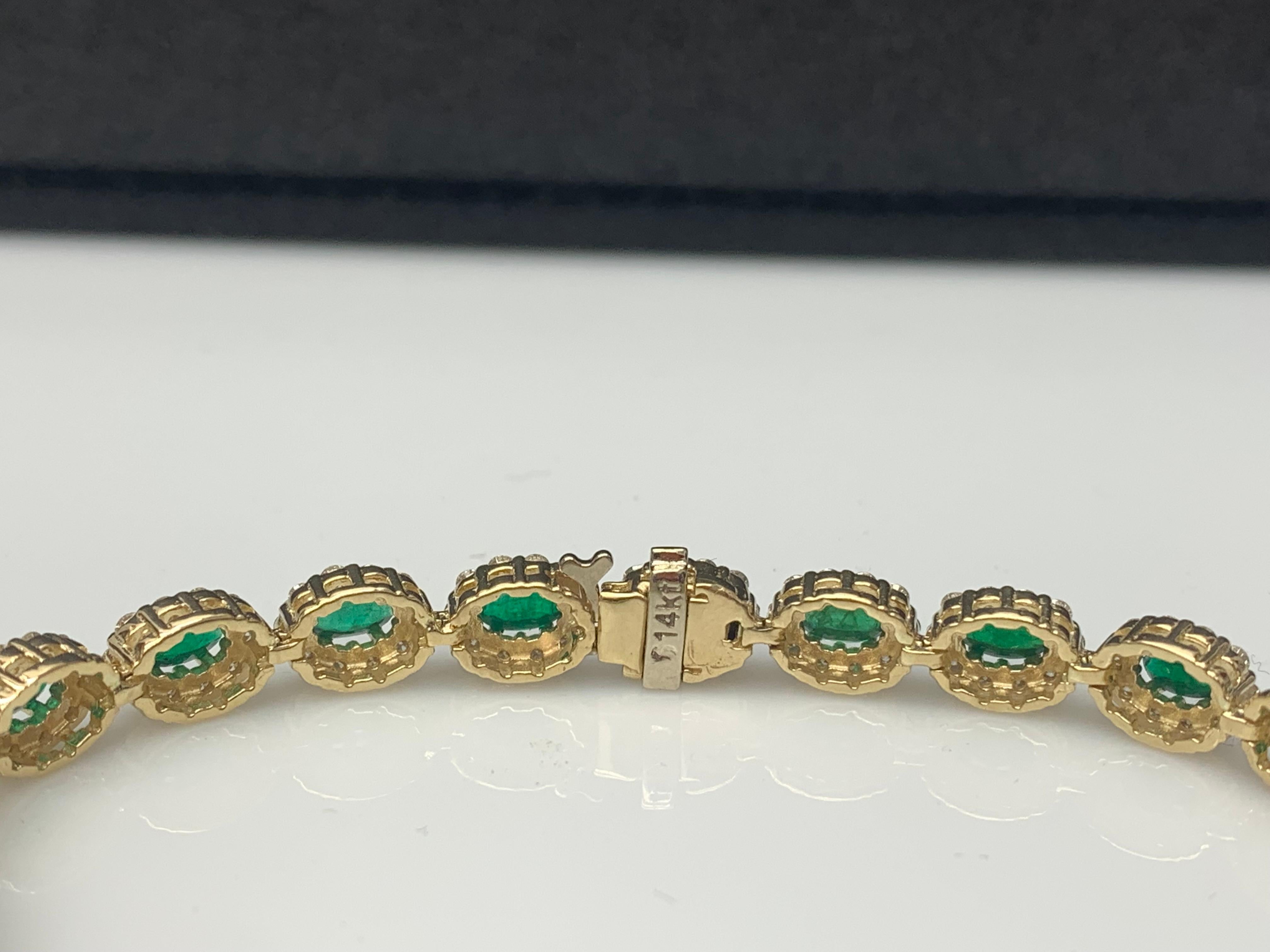 4.69 Carat Oval Cut Emerald and Diamond Halo Bracelet in 14K Yellow Gold For Sale 1