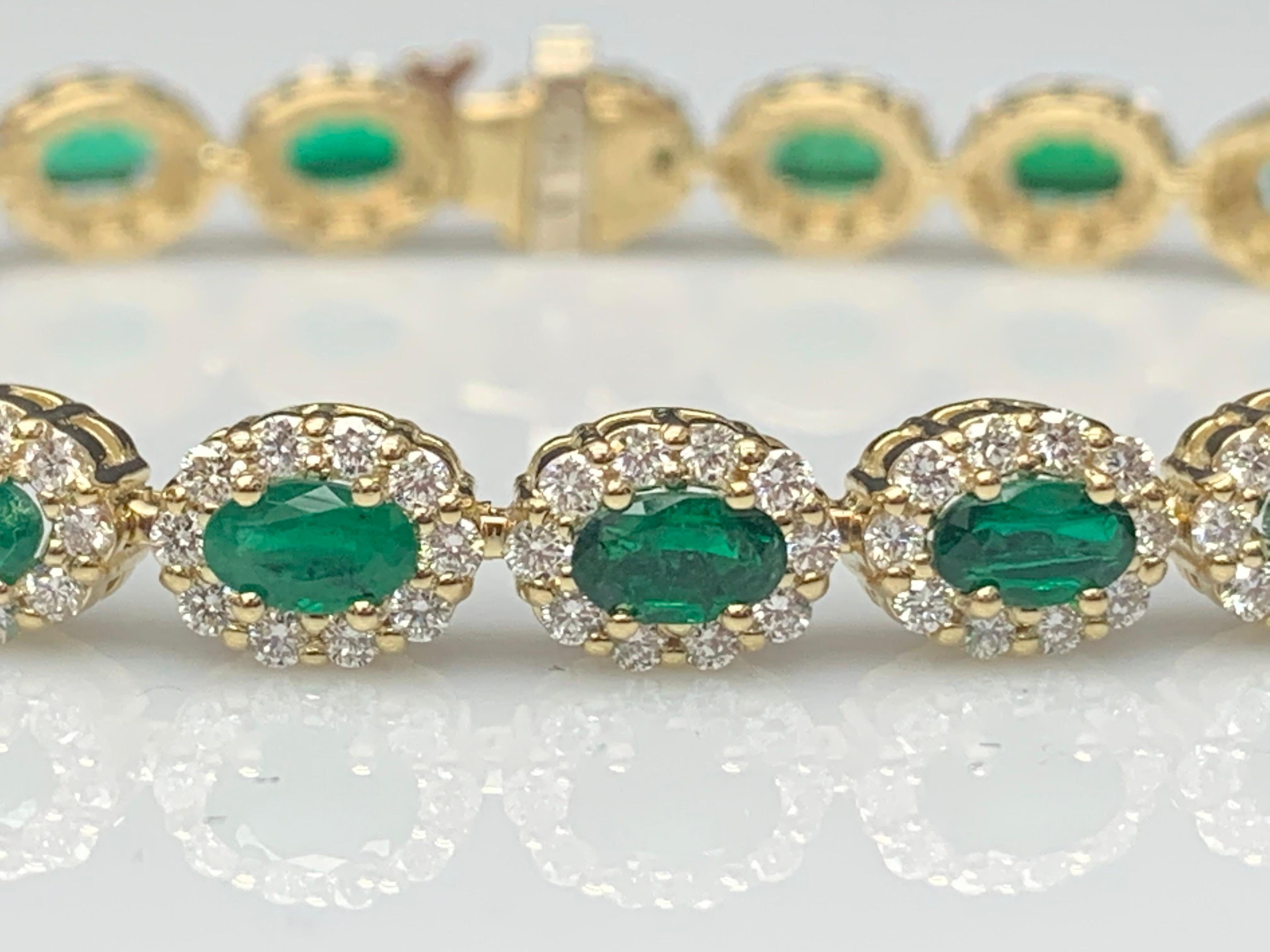 4.69 Carat Oval Cut Emerald and Diamond Halo Bracelet in 14K Yellow Gold For Sale 2