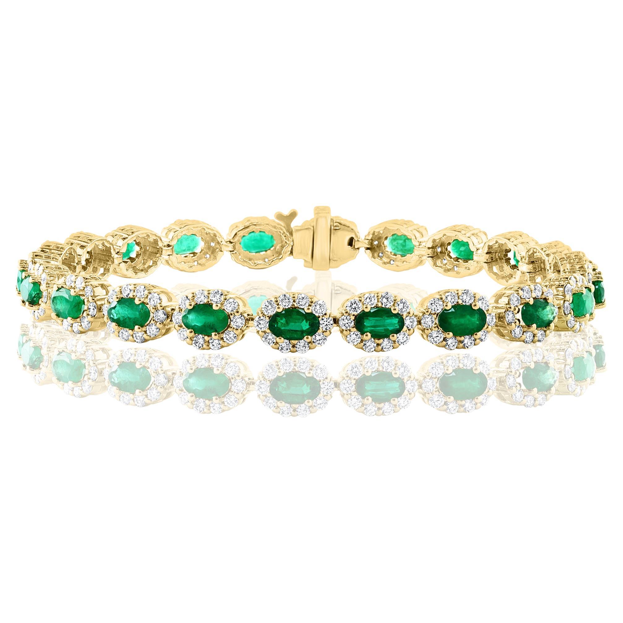 4.69 Carat Oval Cut Emerald and Diamond Halo Bracelet in 14K Yellow Gold For Sale