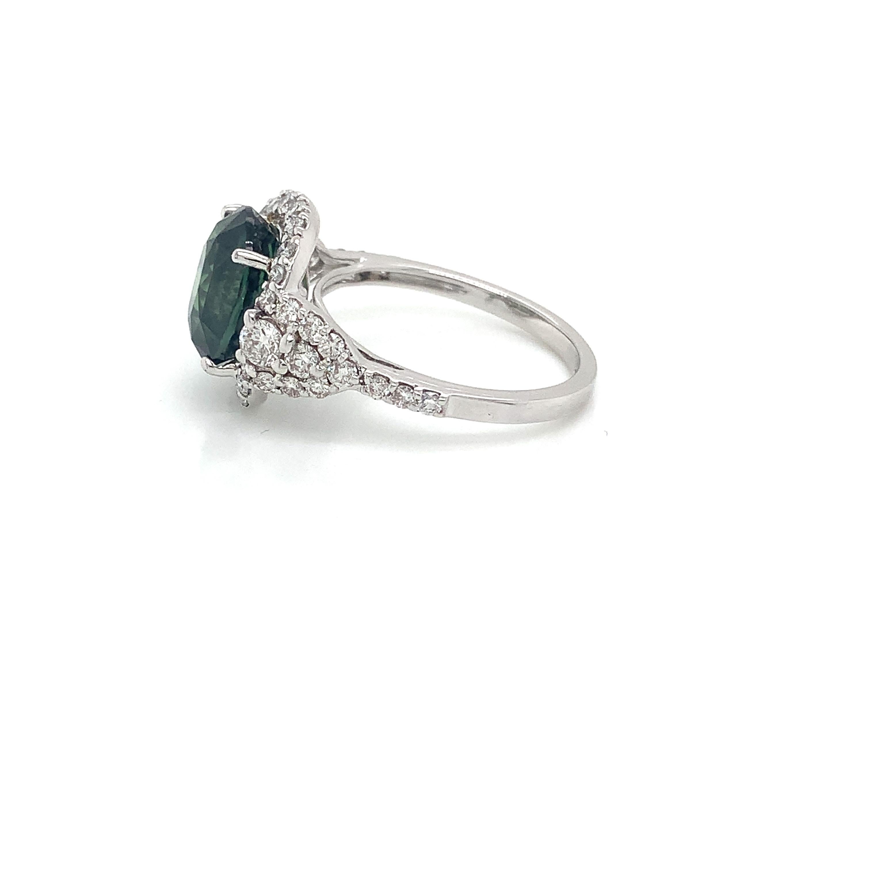 Oval Cut 4.69 Carat Oval Green Sapphire & Diamond Ring in 18 Karat White Gold For Sale