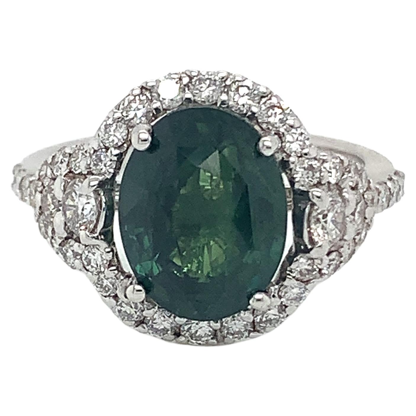 4.69 Carat Oval Green Sapphire & Diamond Ring in 18 Karat White Gold For Sale