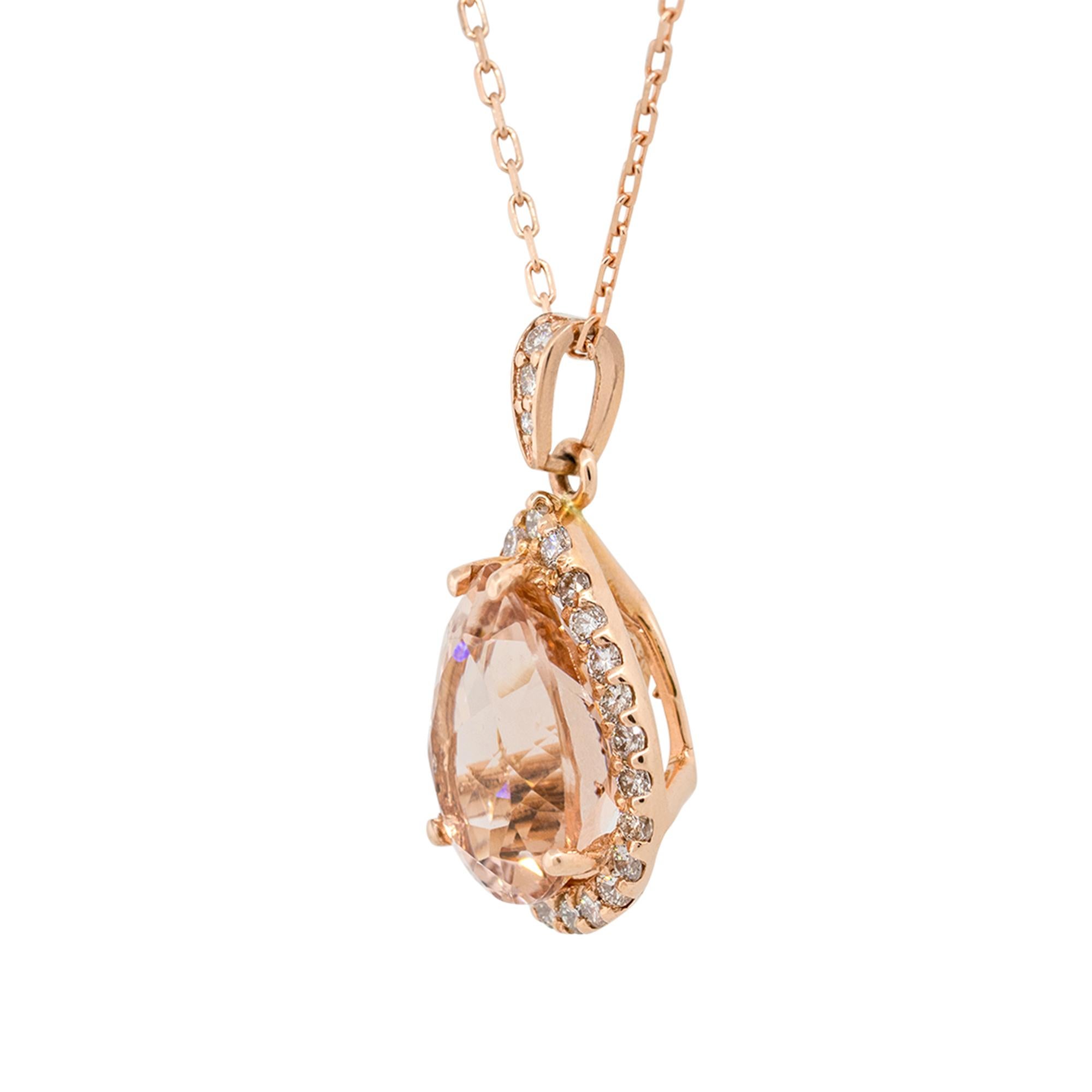 Pear Cut 4.69 Carat Pear Shape Morganite Pendant Necklace with Diamonds 14 Karat in Stock