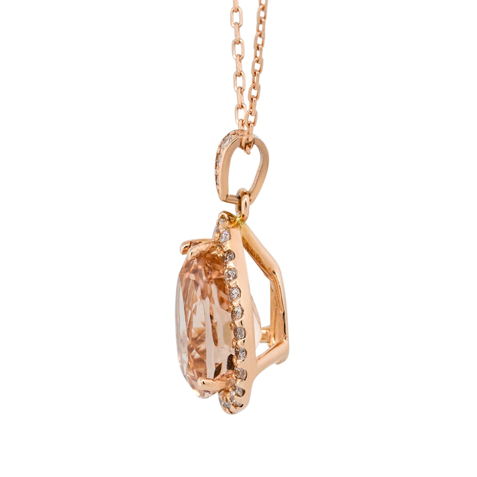4.69 Carat Pear Shape Morganite Pendant Necklace with Diamonds 14 Karat in Stock In New Condition In Boca Raton, FL
