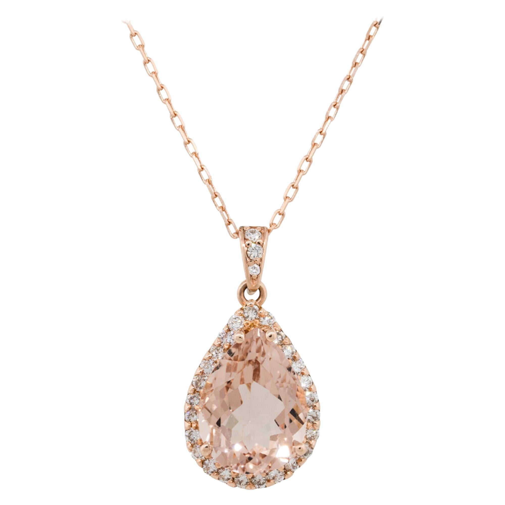 4.69 Carat Pear Shape Morganite Pendant Necklace with Diamonds 14 Karat in Stock