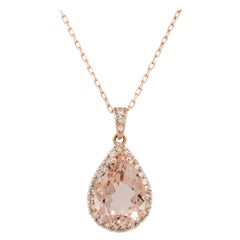 Collier pendentif en or 14 carats avec Morganite en forme de poire de 4,69 carats et diamants