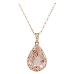 4.69 Carat Pear Shape Morganite Pendant Necklace with Diamonds 14 Karat in Stock